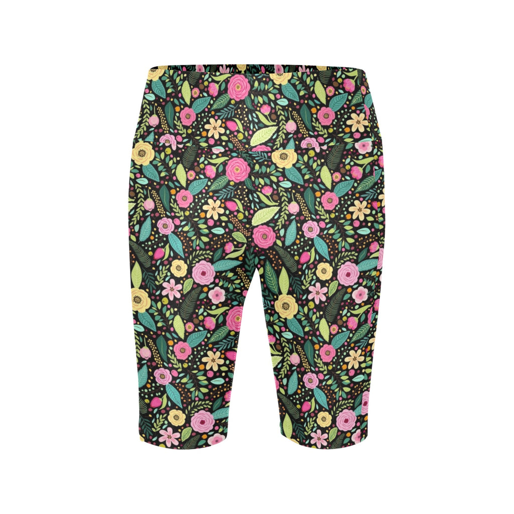 Bright Floral And Leaves Women's Bike Shorts With Side Pockets
