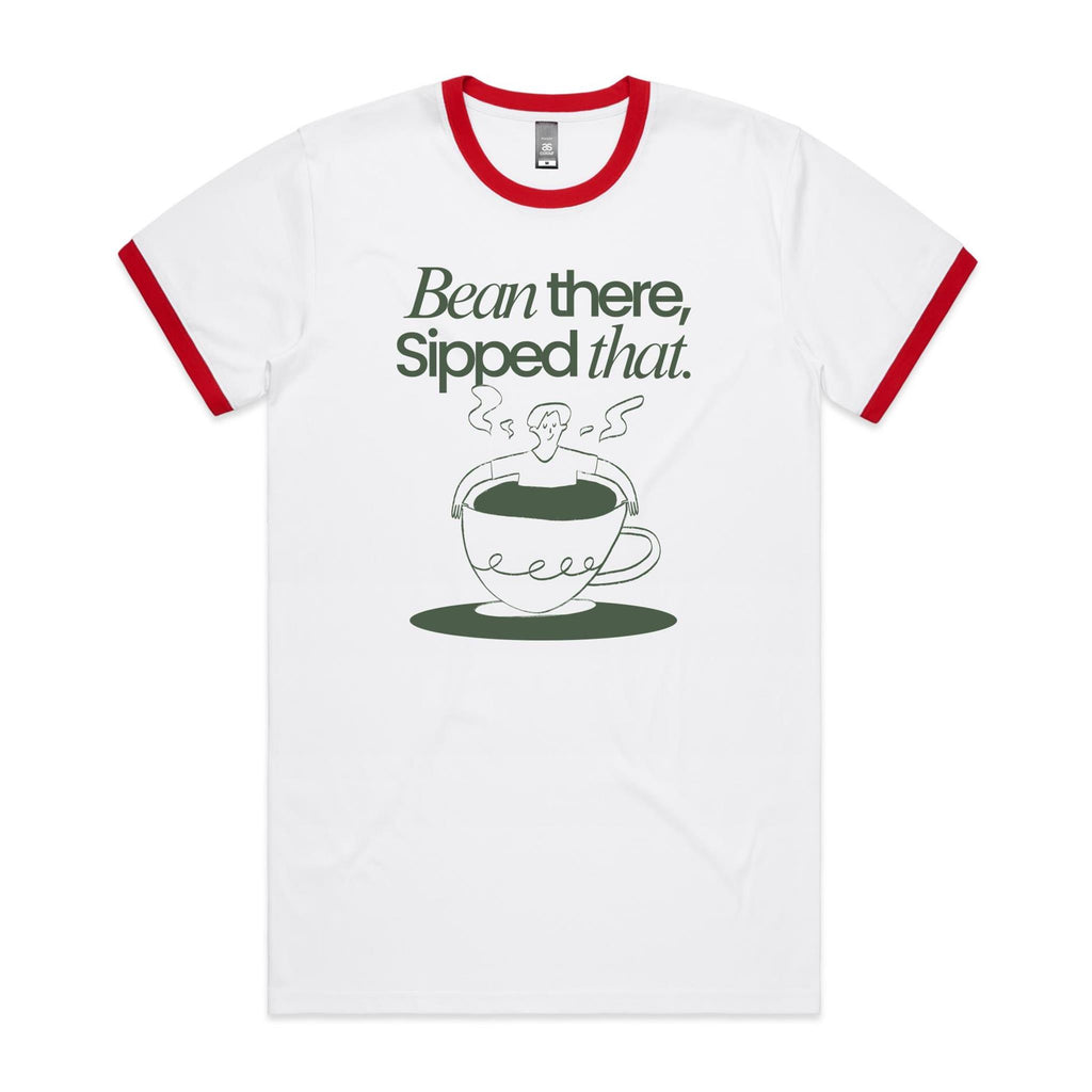 Bean There, Sipped That, Coffee - Staple Ringer Tee White Red Ringer T-Shirt Coffee Printed In Australia