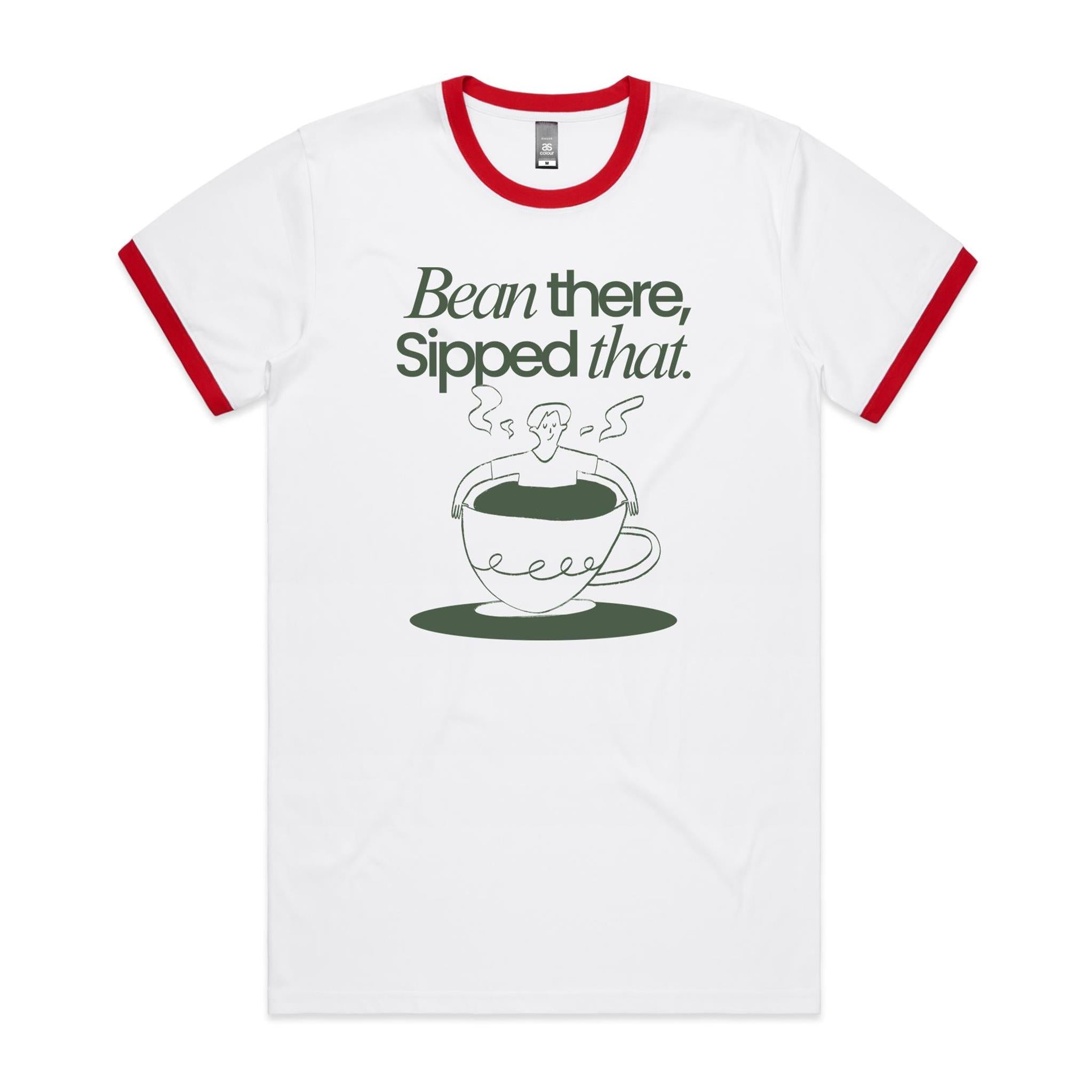 Bean There, Sipped That, Coffee - Staple Ringer Tee White Red Ringer T-Shirt Coffee Printed In Australia