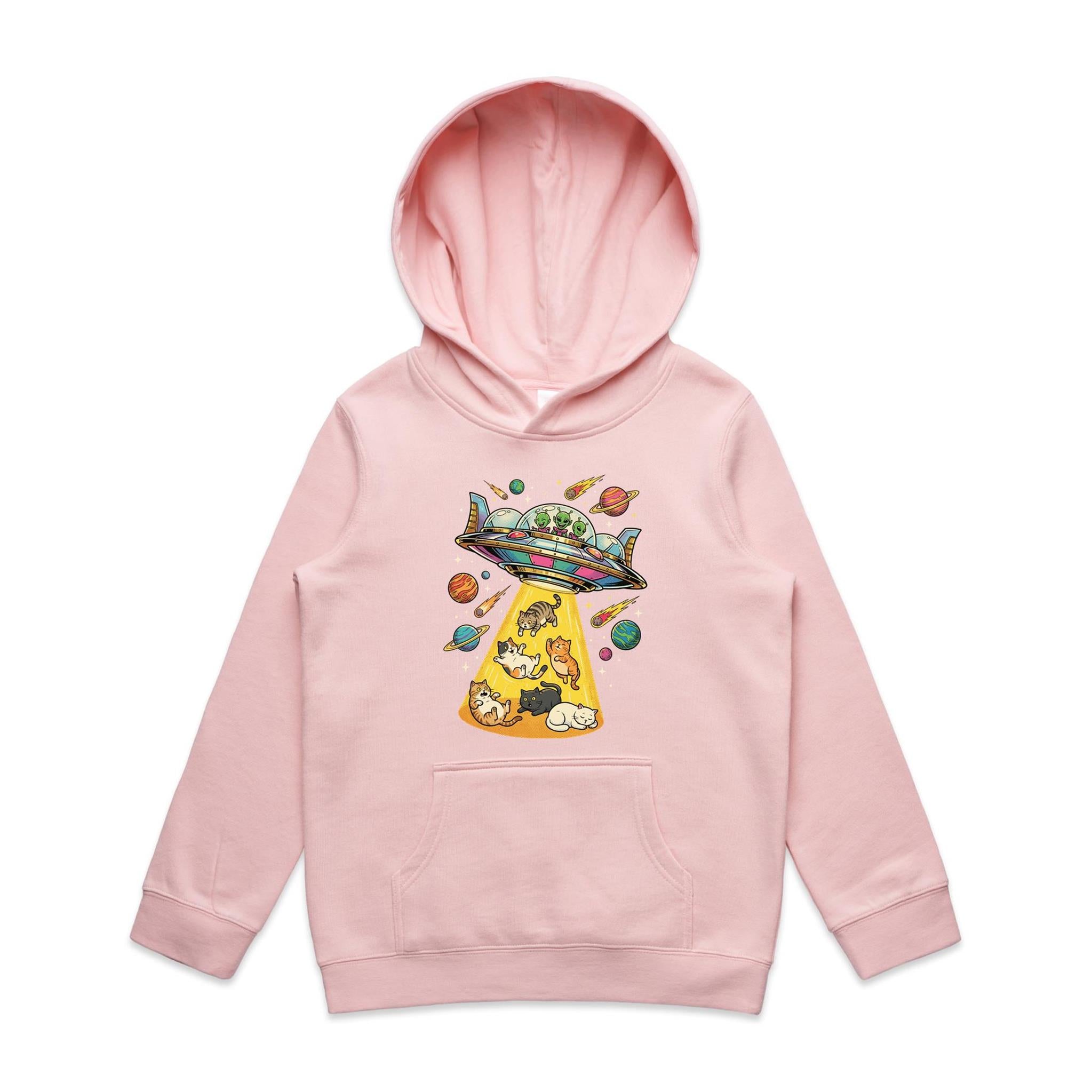 UFO Cat Abduction - Kid's AS Colour Hoodie Pink Kids Hoodie animal Printed In Australia Sci Fi