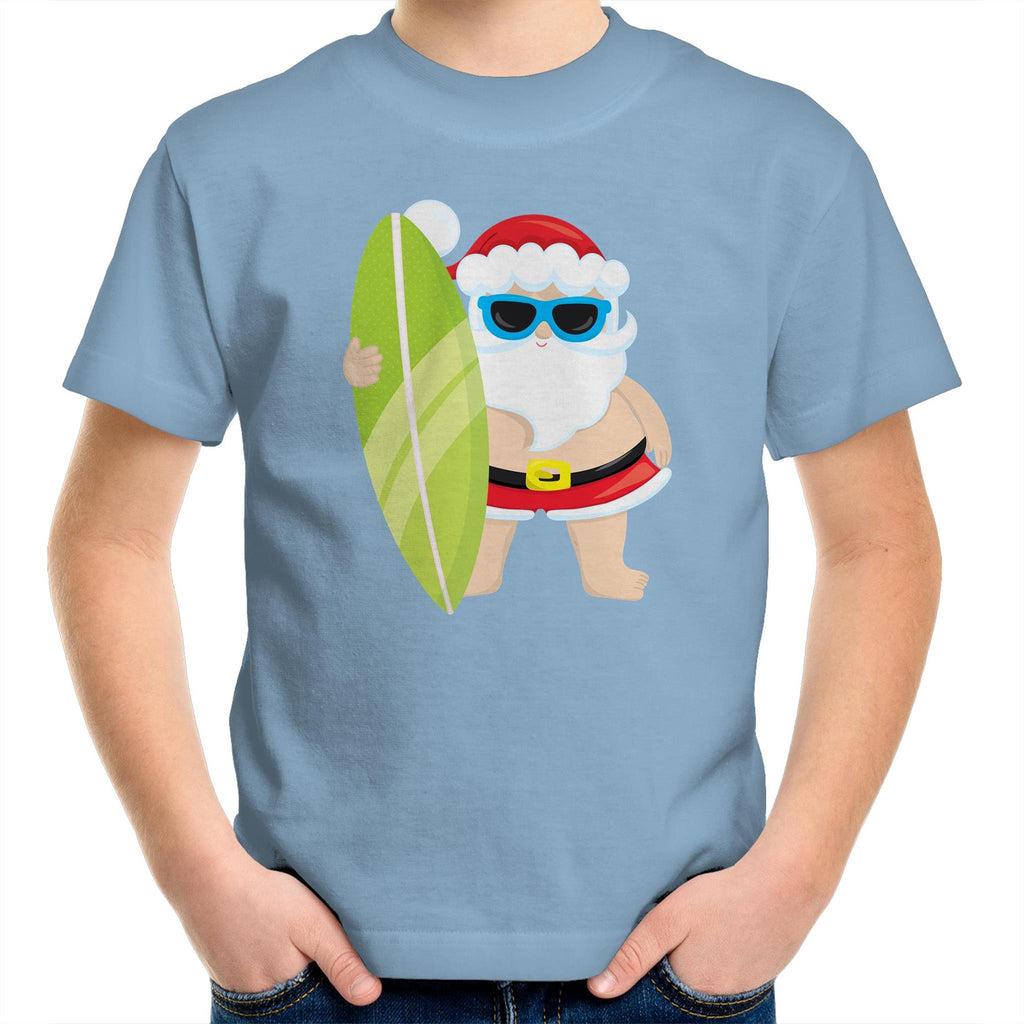 Surf Summer Santa - Kids Youth T-Shirt Carolina Blue Kids Christmas T-shirt Christmas Printed In Australia