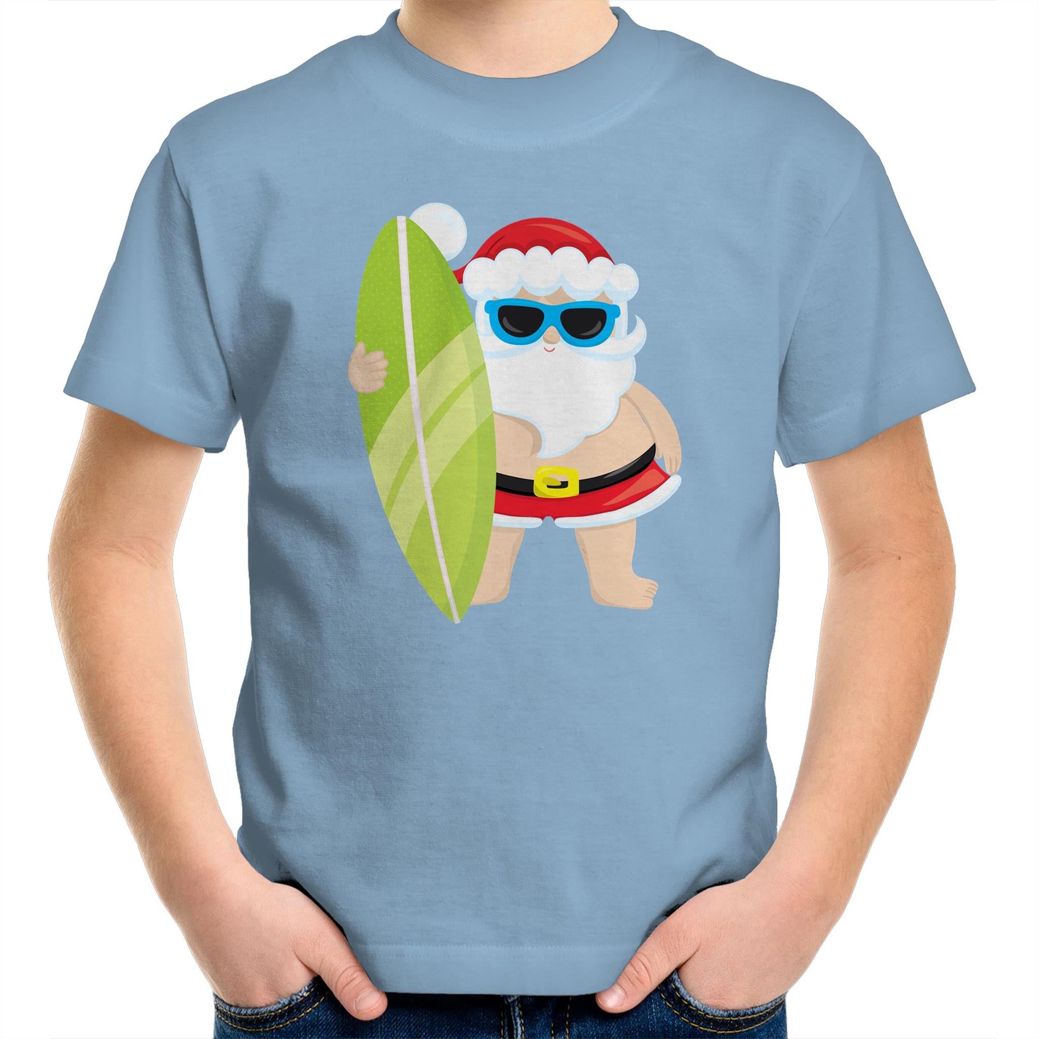 Surf Summer Santa - Kids Youth T-Shirt Carolina Blue Kids Christmas T-shirt Christmas Printed In Australia