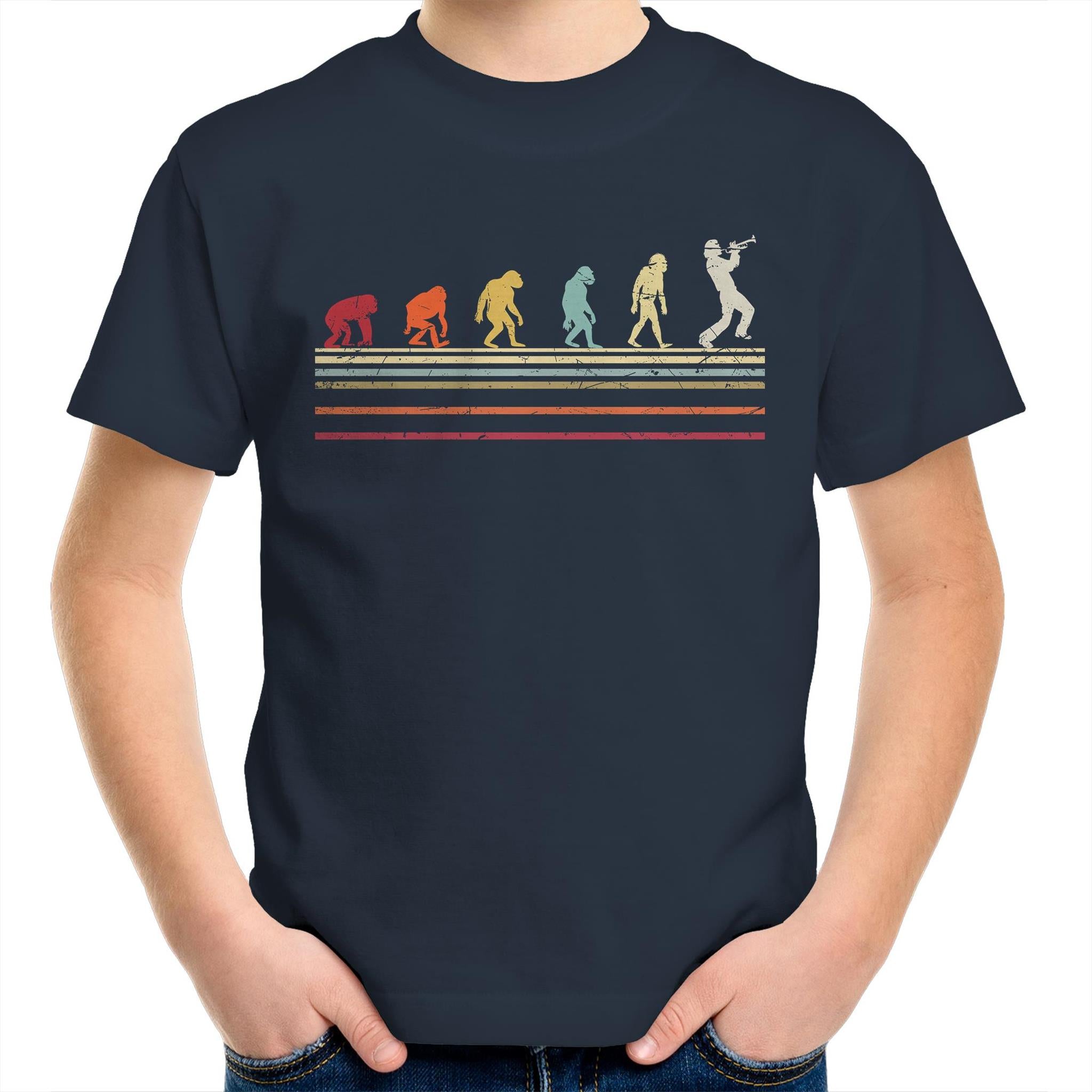 Trumpet Player Evolution - Kids Youth T-Shirt Navy Kids Youth T-shirt Music Printed In Australia