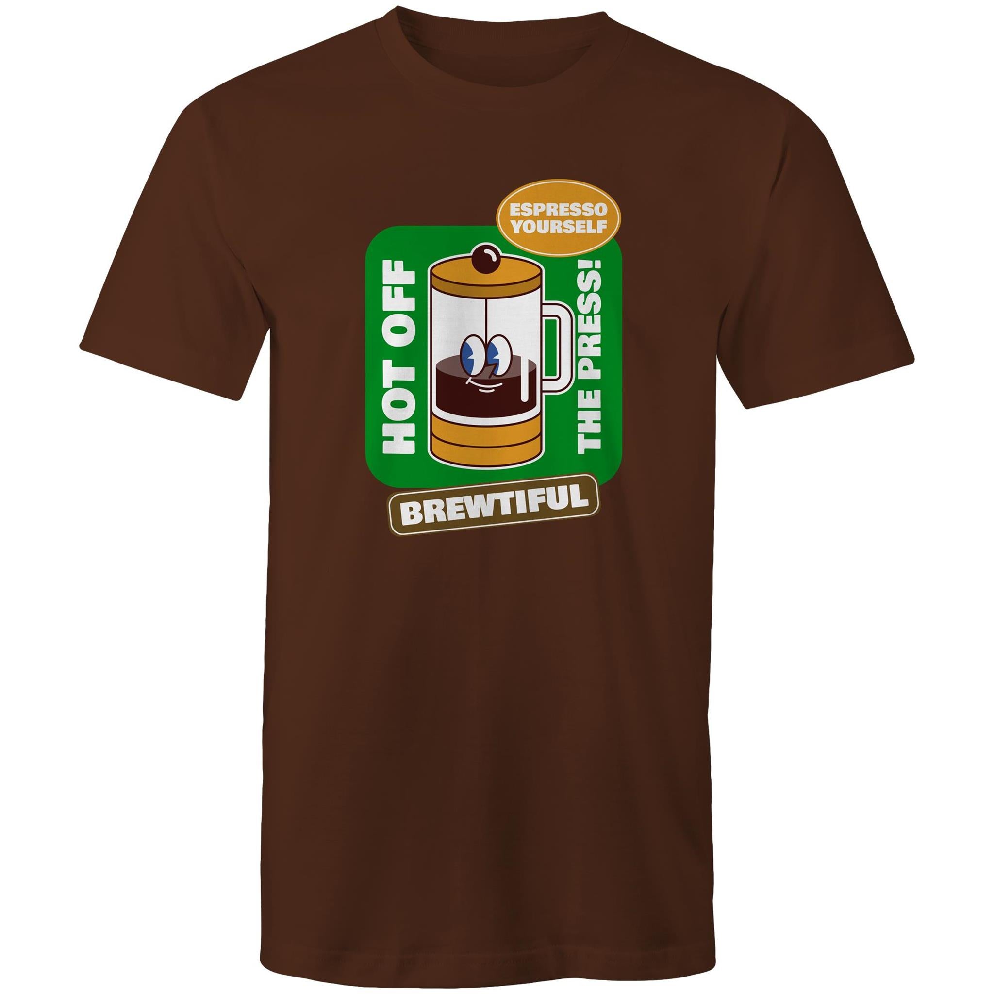 Brewtiful, Coffee Plunger, Espresso Yourself - Mens T-Shirt Dark Chocolate Mens T-shirt Coffee Printed In Australia
