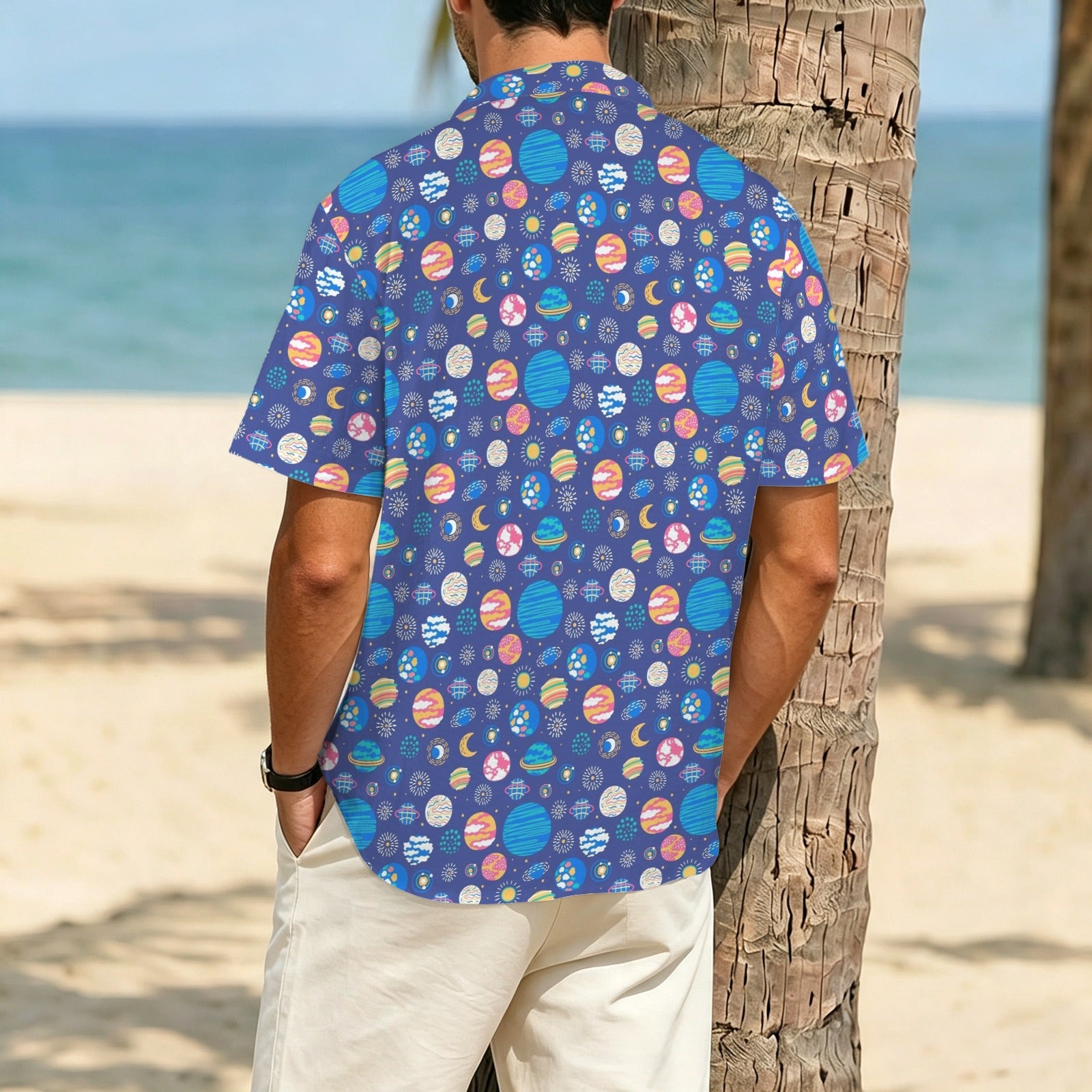 Planets On Blue Men's Crinkle Hawaiian Shirt