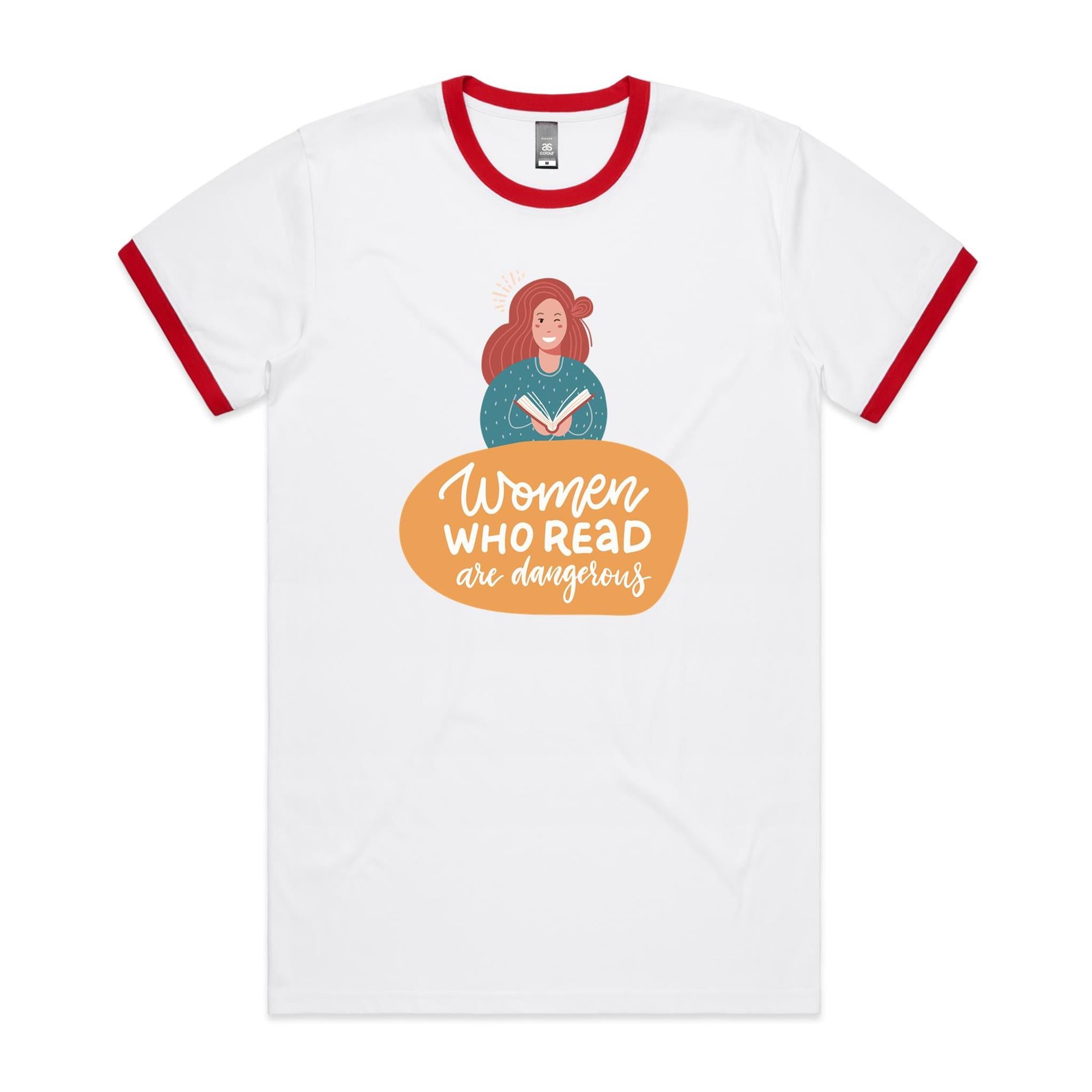 Women Who Read Are Dangerous - Staple Ringer Tee White Red Ringer T-Shirt Printed In Australia Reading