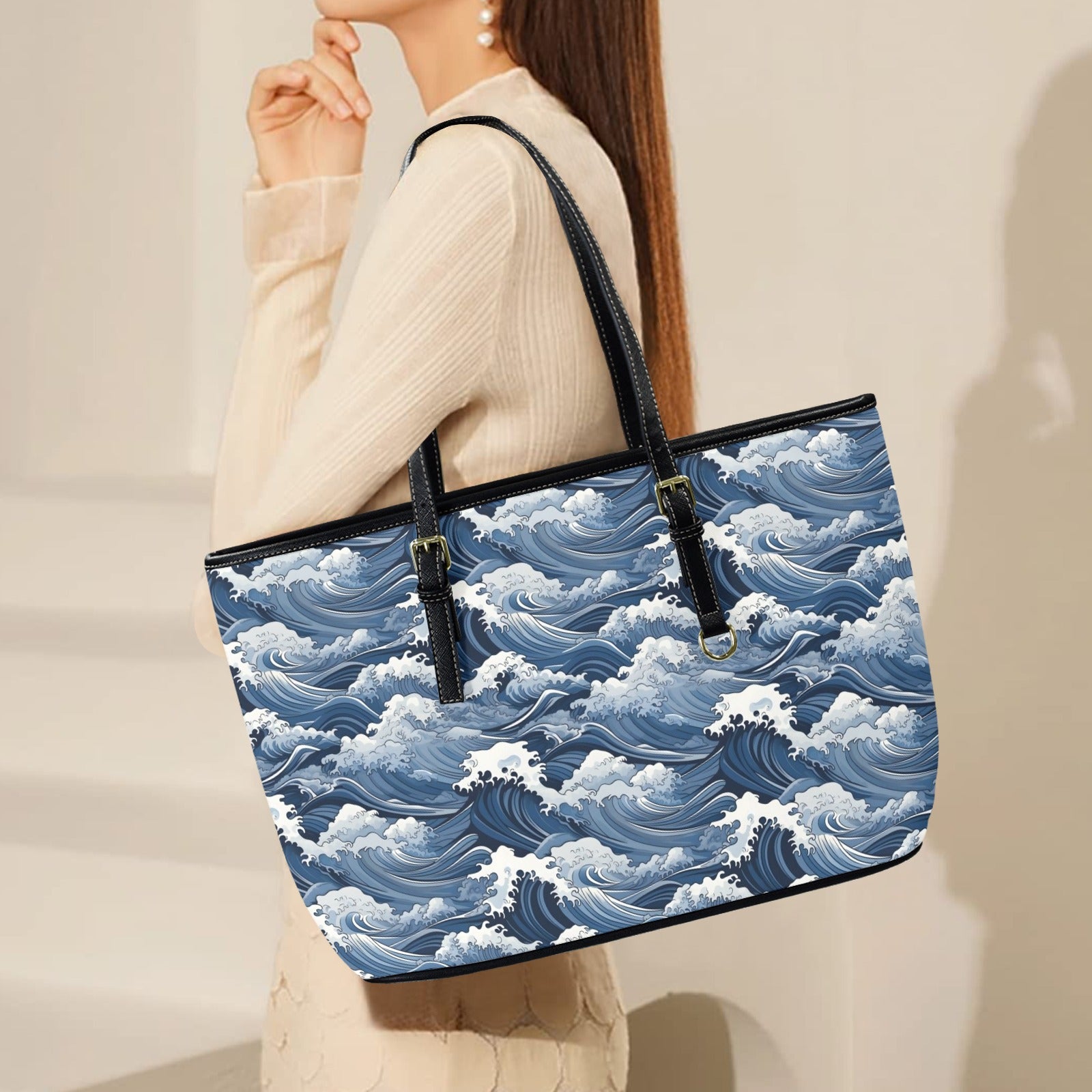Japanese Waves PU Leather Tote Bag Large Leather Tote Bag-Large Ocean Printed Offshore