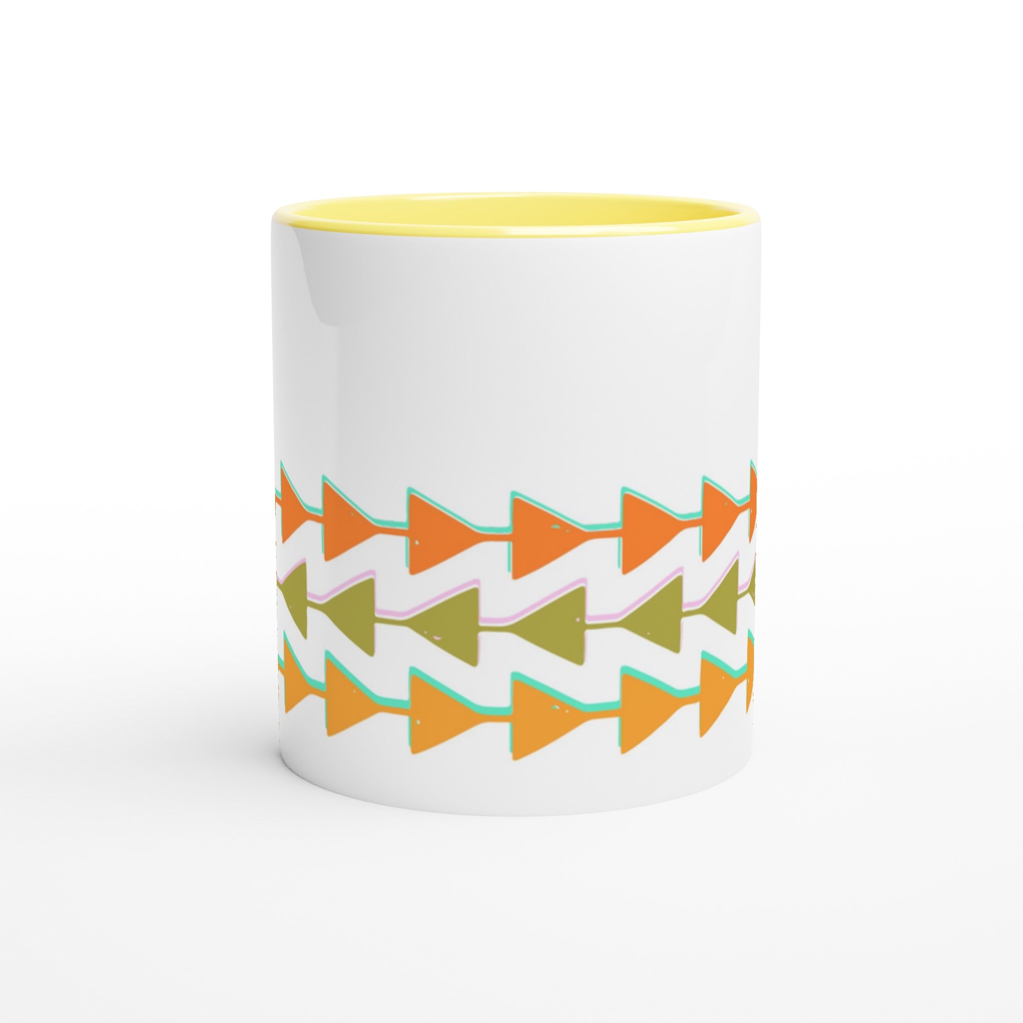 Retro Triangles - White 11oz Ceramic Mug with Colour Inside Colour 11oz Mug Globally Fulfilled Retro