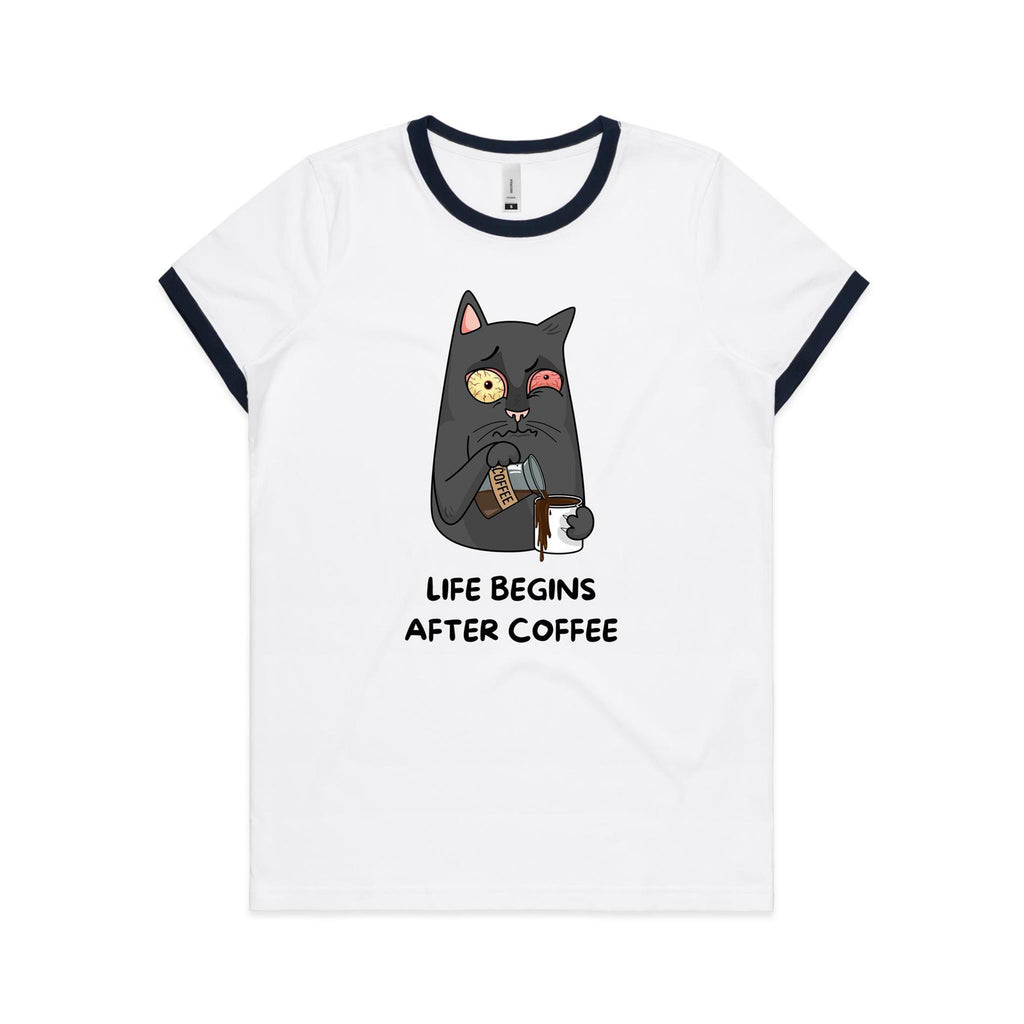 Life Begins After Coffee, Cat - Women's Ringer Tee White Navy Womens Ringer T-shirt animal Coffee Printed In Australia