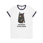 Life Begins After Coffee, Cat - Women's Ringer Tee White Navy Womens Ringer T-shirt animal Coffee Printed In Australia