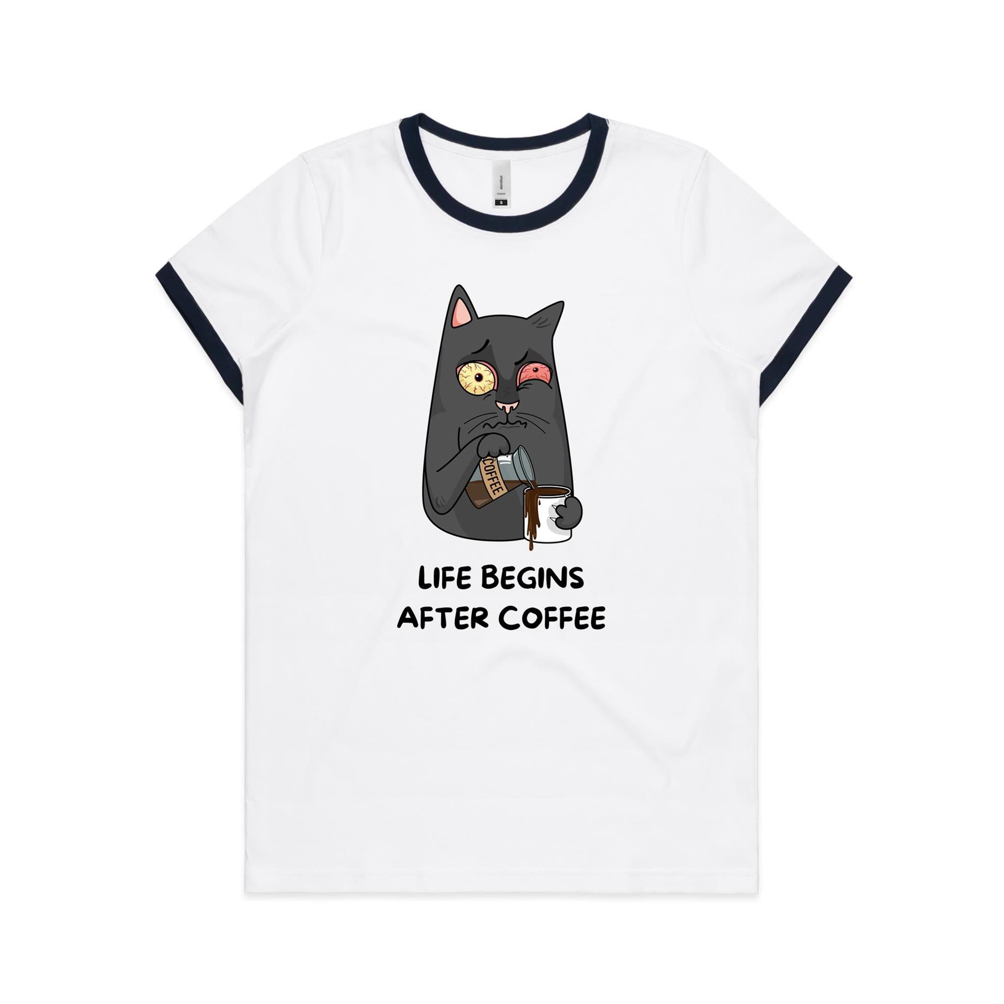 Life Begins After Coffee, Cat - Women's Ringer Tee White Navy Womens Ringer T-shirt animal Coffee Printed In Australia