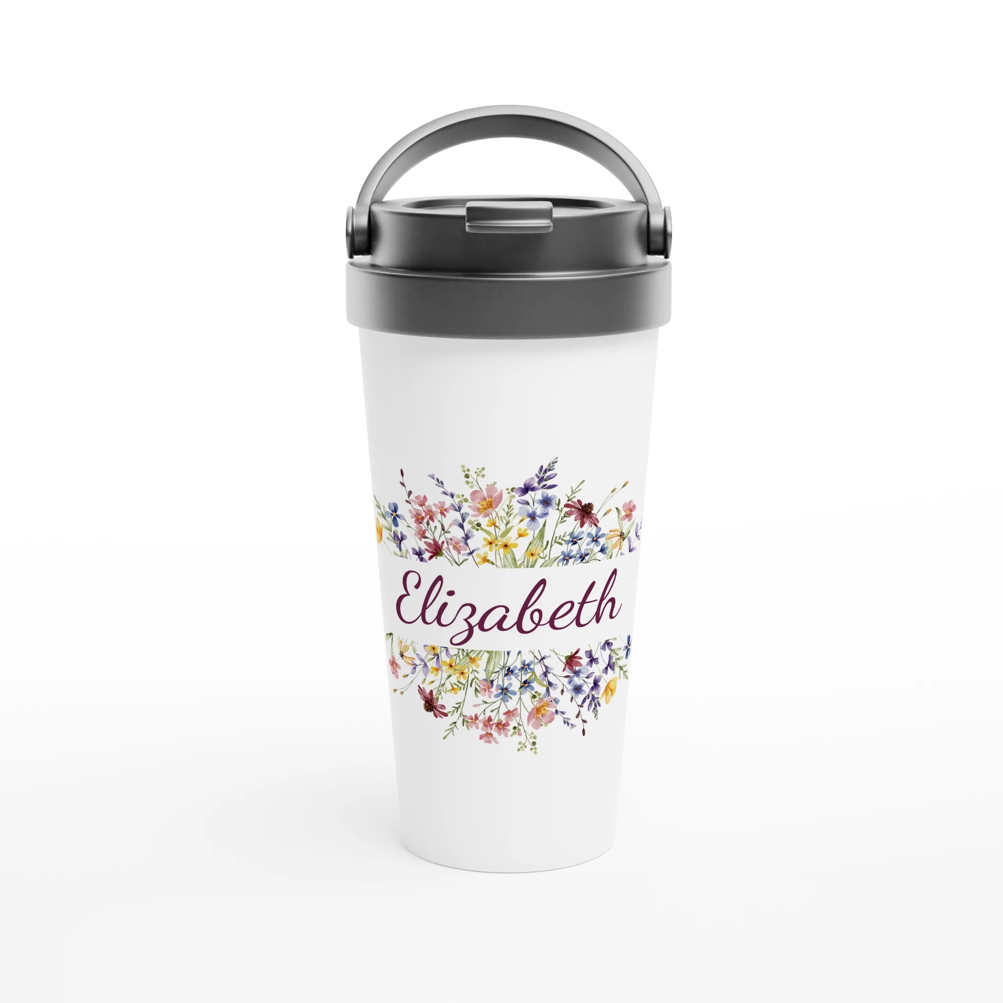 Personalise - Flower Frame Name - White 15oz Stainless Steel Travel Mug Default Title Personalised Travel Mug customise Globally Fulfilled Name personalise Plants
