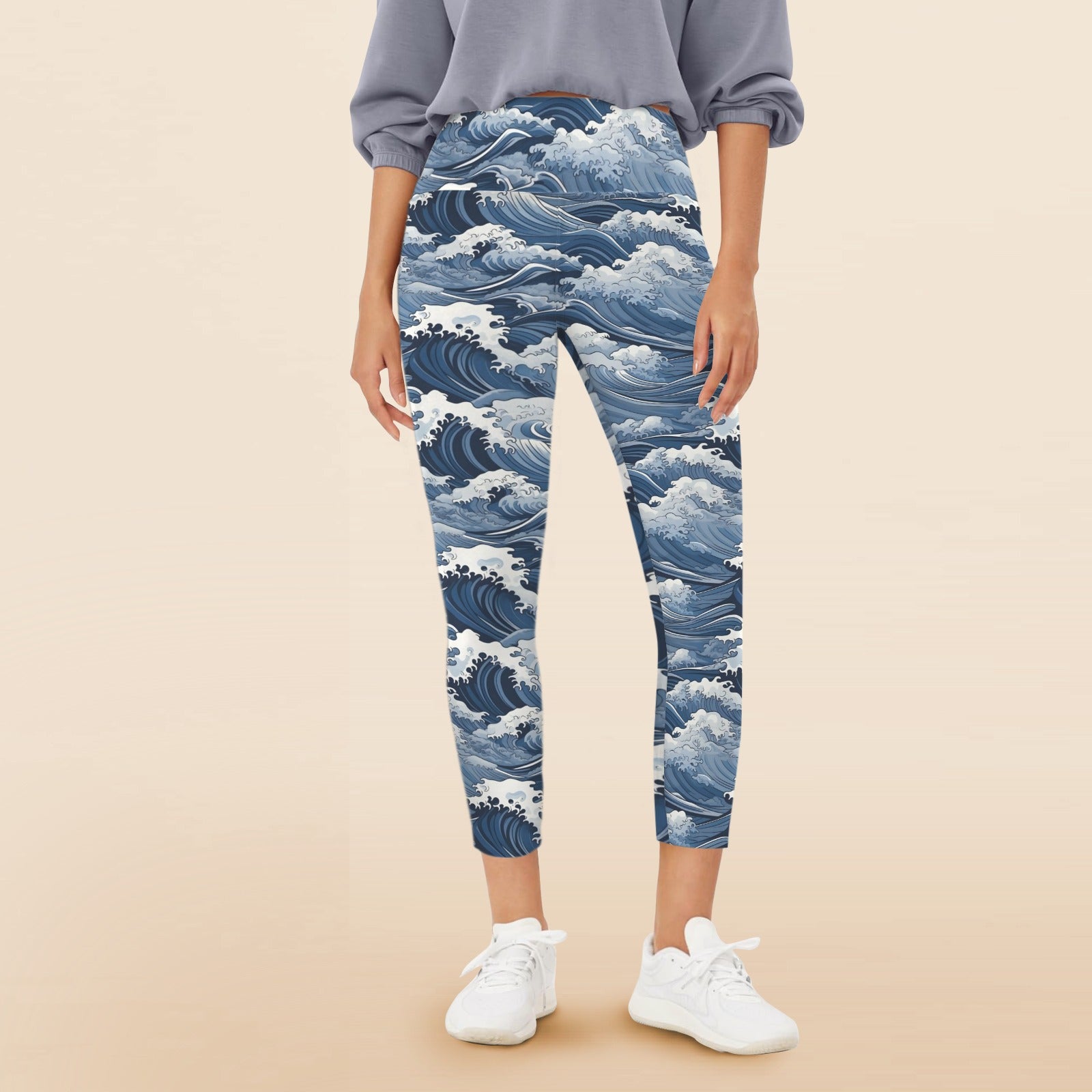 Japanese Waves Women's High Waist Pockets Yoga Leggings 5XL Women's High Waist Pockets Yoga Leggings Ocean Printed Offshore