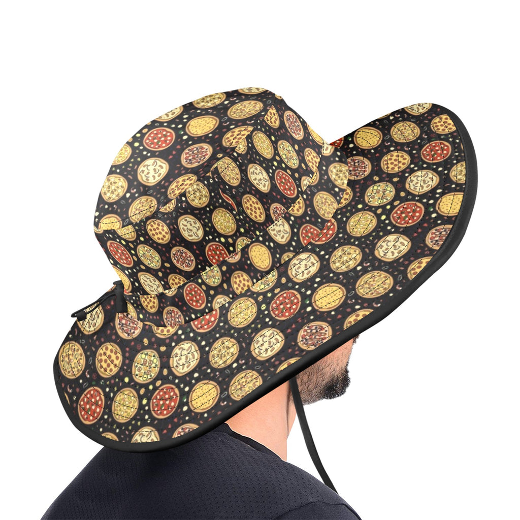 Round Pizzas On Black Wide Brim Bucket Hat Wide Brim Bucket Hat Food Printed Offshore
