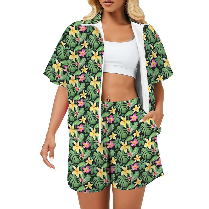 Frangipani - Women's Windbreaker Short Set 2XL Women's Windbreaker Short Set Plants Printed Offshore