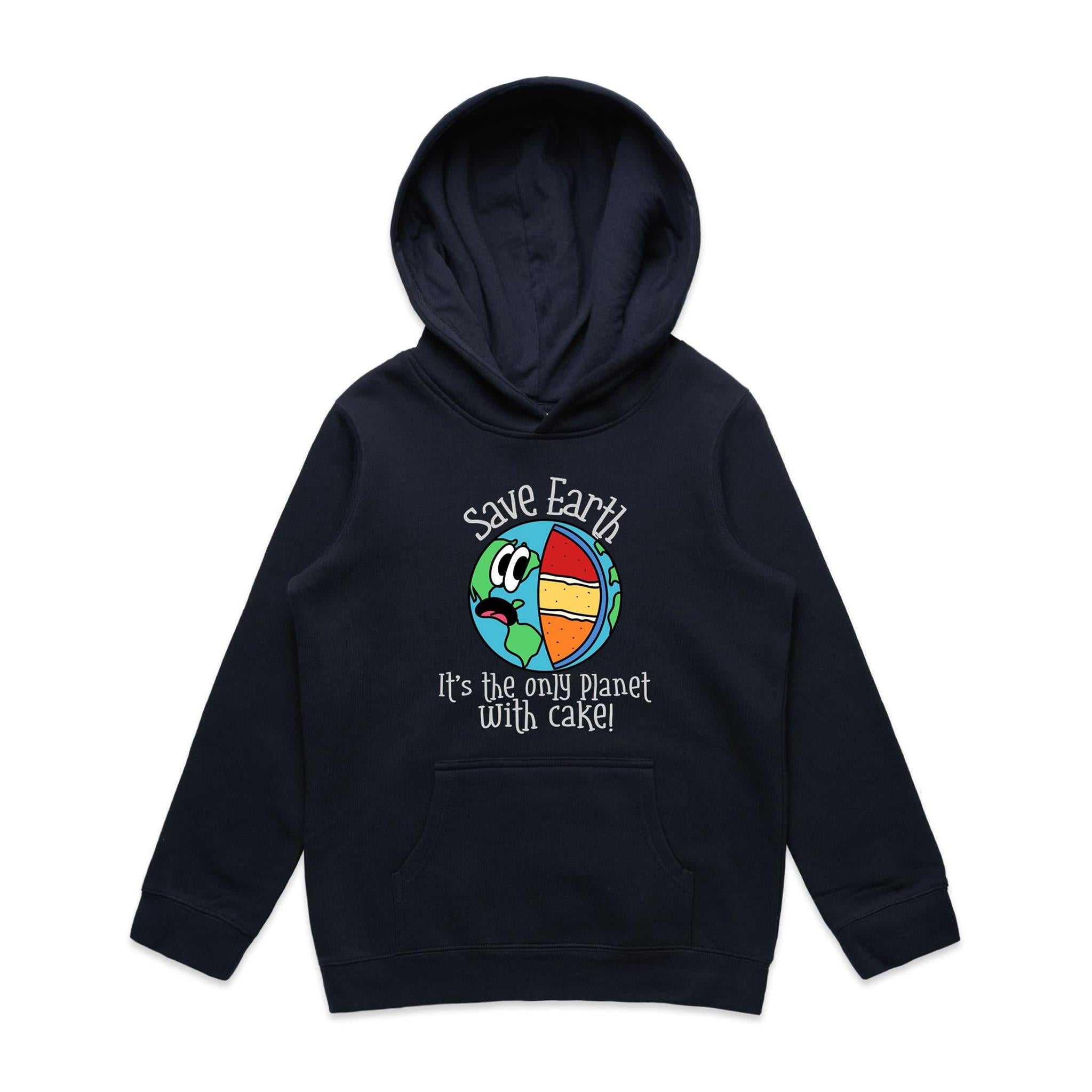 Save Earth, It's The Only Planet With Cake - Kids Hoodie Navy Kids Hoodie Printed In Australia