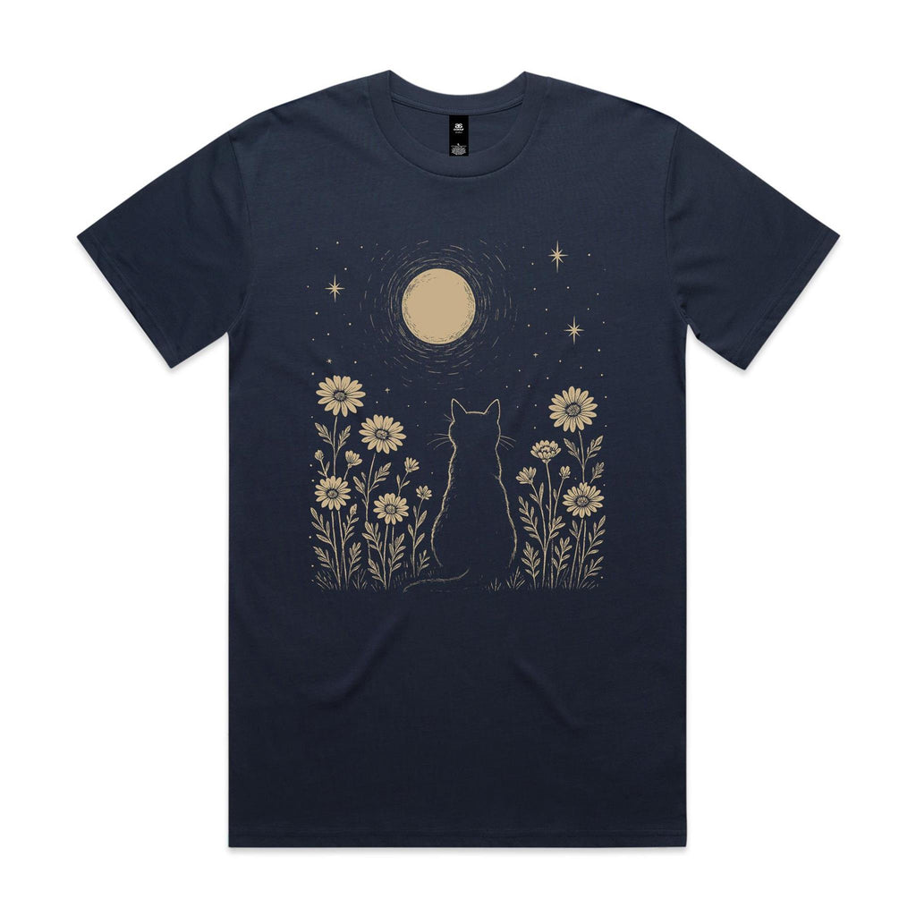 Whimsical Cat And Moon Men's AS Colour T-shirt Midnight Blue Mens T-shirt animal Printed In Australia