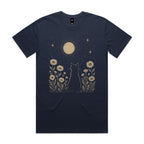 Whimsical Cat And Moon Men's AS Colour T-shirt Midnight Blue Mens T-shirt animal Printed In Australia