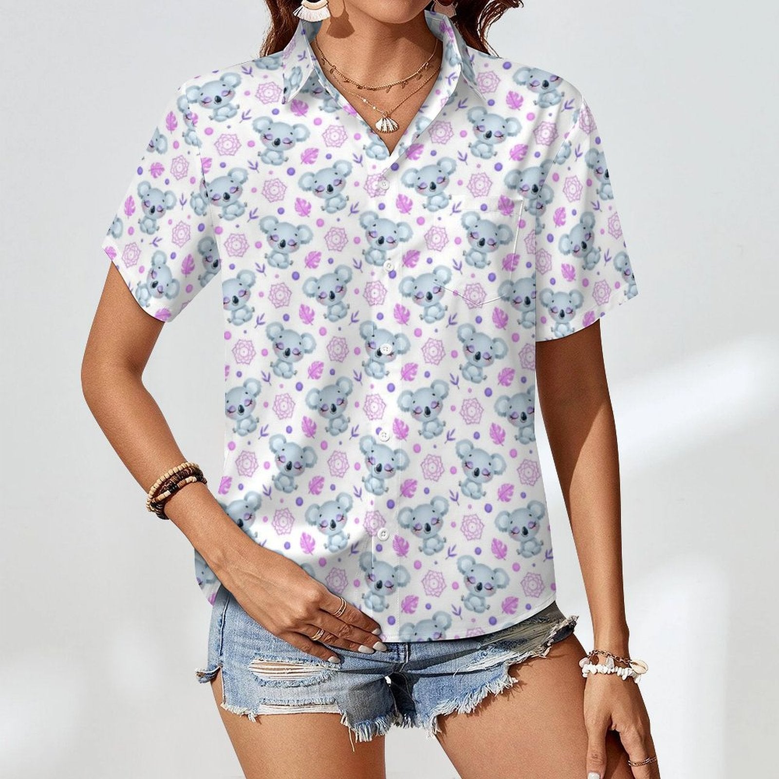 Zen Koala Women's Short-Sleeve Button Up Shirt