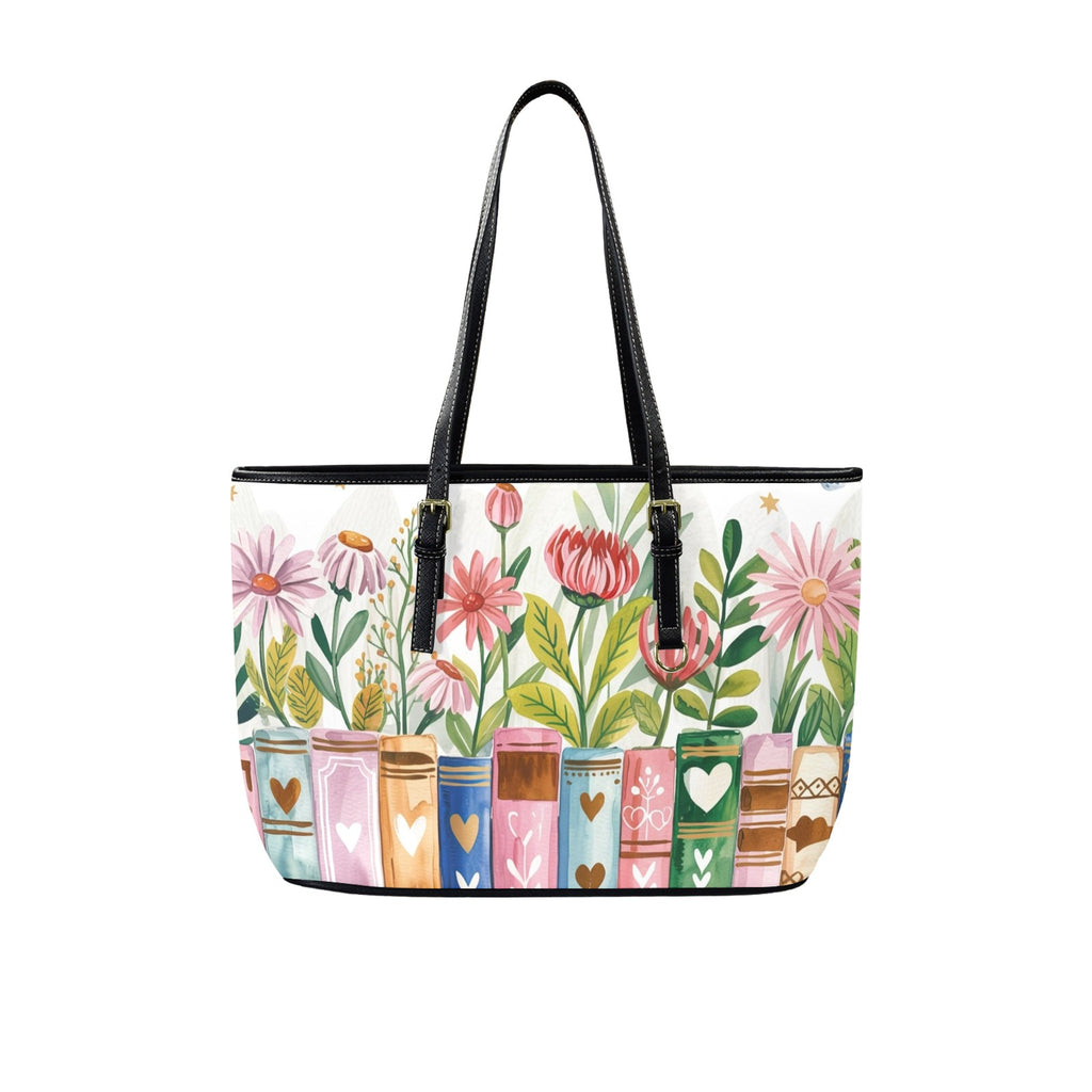 Books, Flowers And Butterflies - Leather Tote Bag-Large