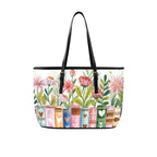 Books, Flowers And Butterflies - Leather Tote Bag-Large