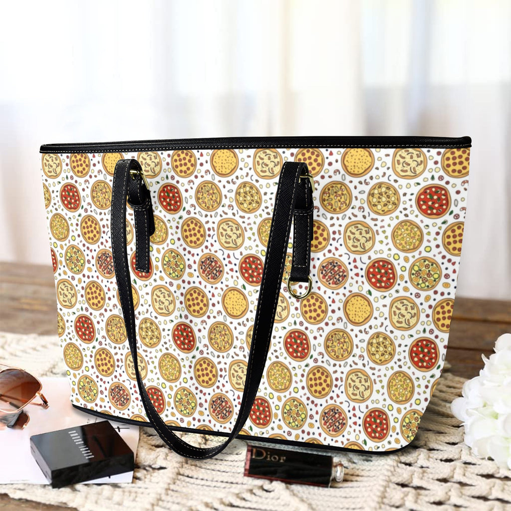 Round Pizzas On White PU Leather Tote Bag Large Leather Tote Bag-Large Food Printed Offshore