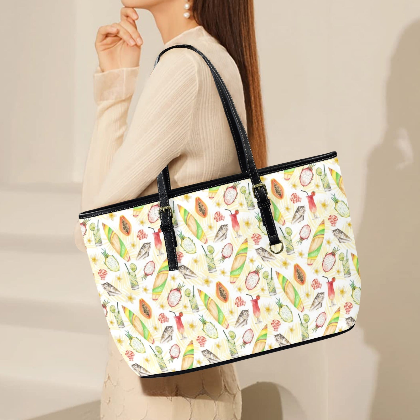 Tropical Surf PU Leather Tote Bag Large Leather Tote Bag-Large Printed Offshore Surf
