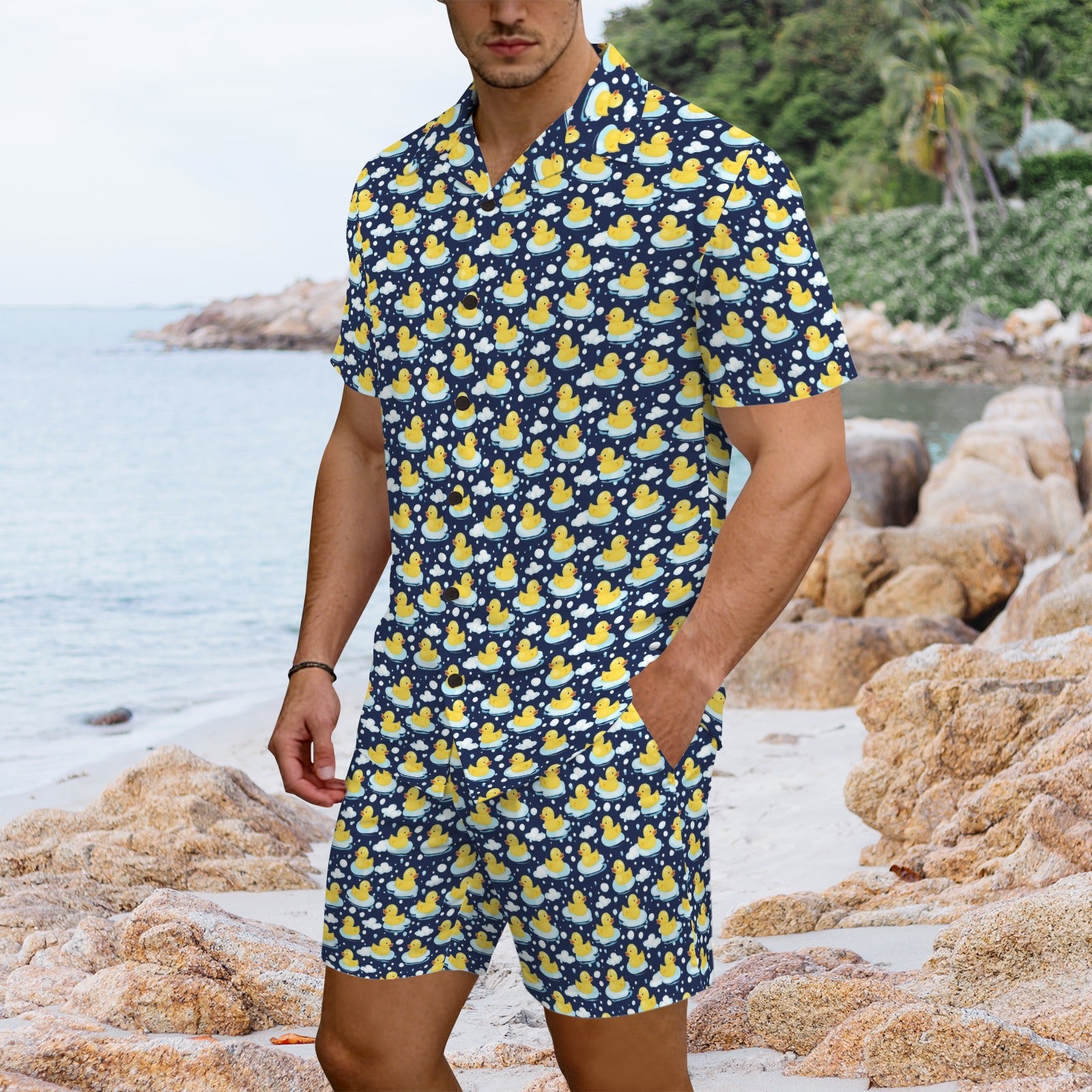 Rubber Ducks On Dark Men's Hawaiian Shirt & Shorts Set