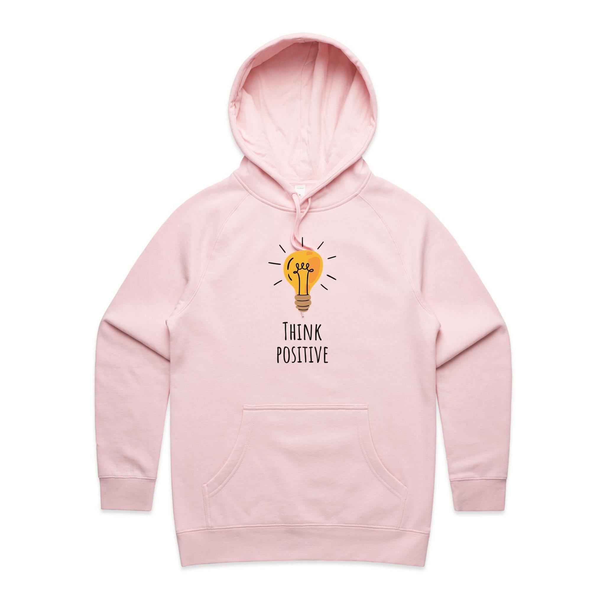 Think Positive, Lightbulb - Womens Hoodie Pink Womens Hoodie Positivity Printed In Australia