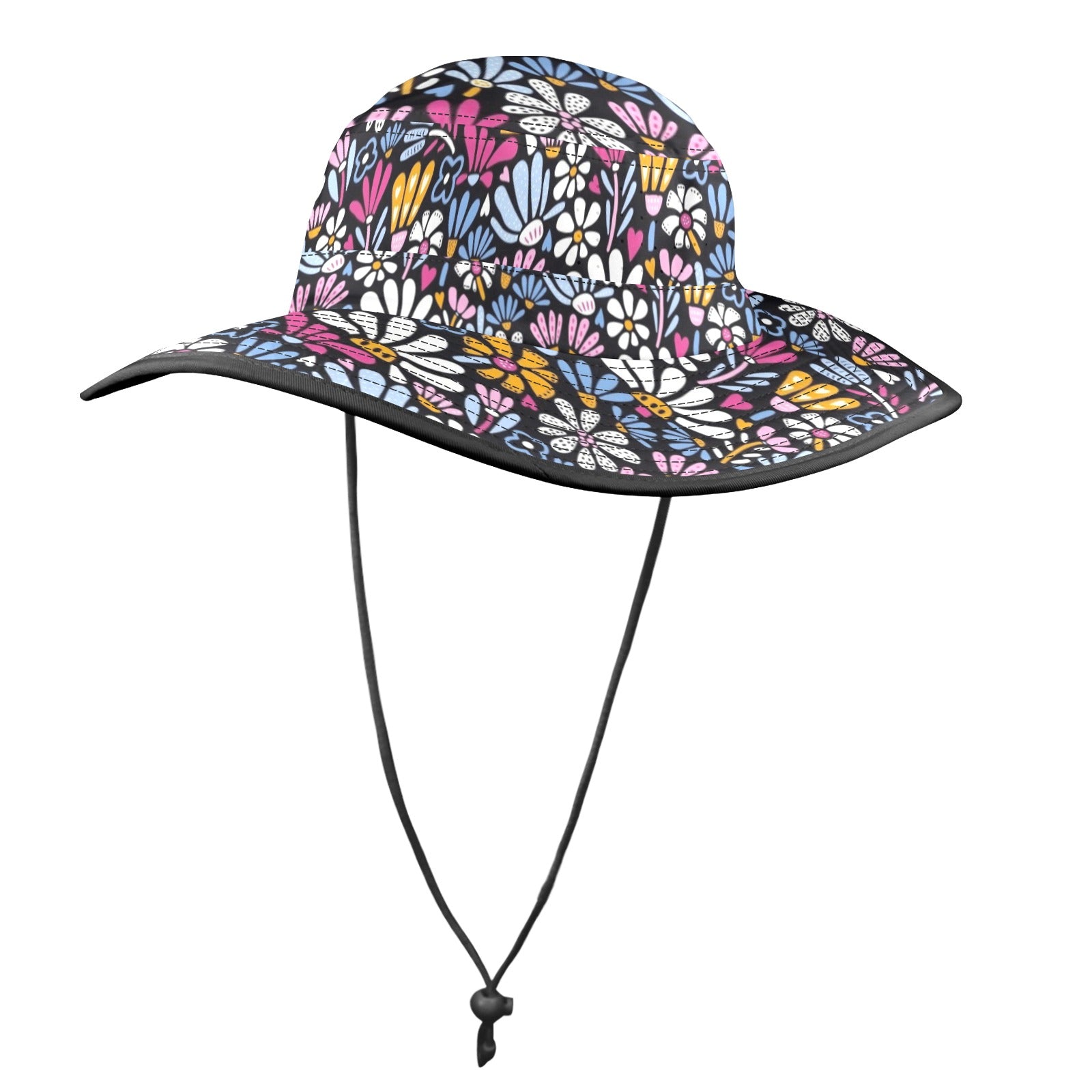 Graphic Flowers On Black Wide Brim Bucket Hat Wide Brim Bucket Hat Plants Printed Offshore