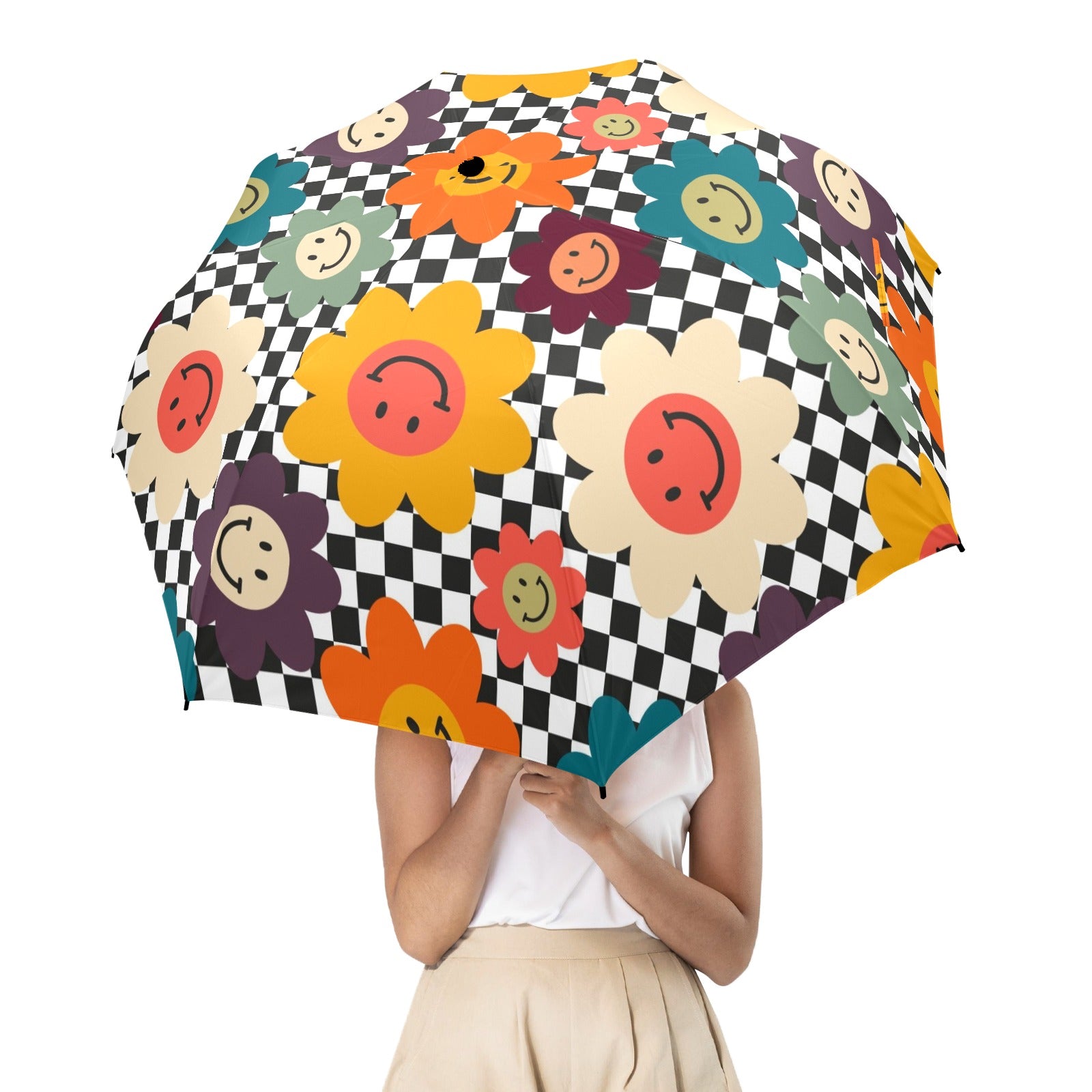 Happy Retro Flowers - Semi-Automatic Foldable Umbrella (Model U12) Semi-Automatic Foldable Umbrella (U12)