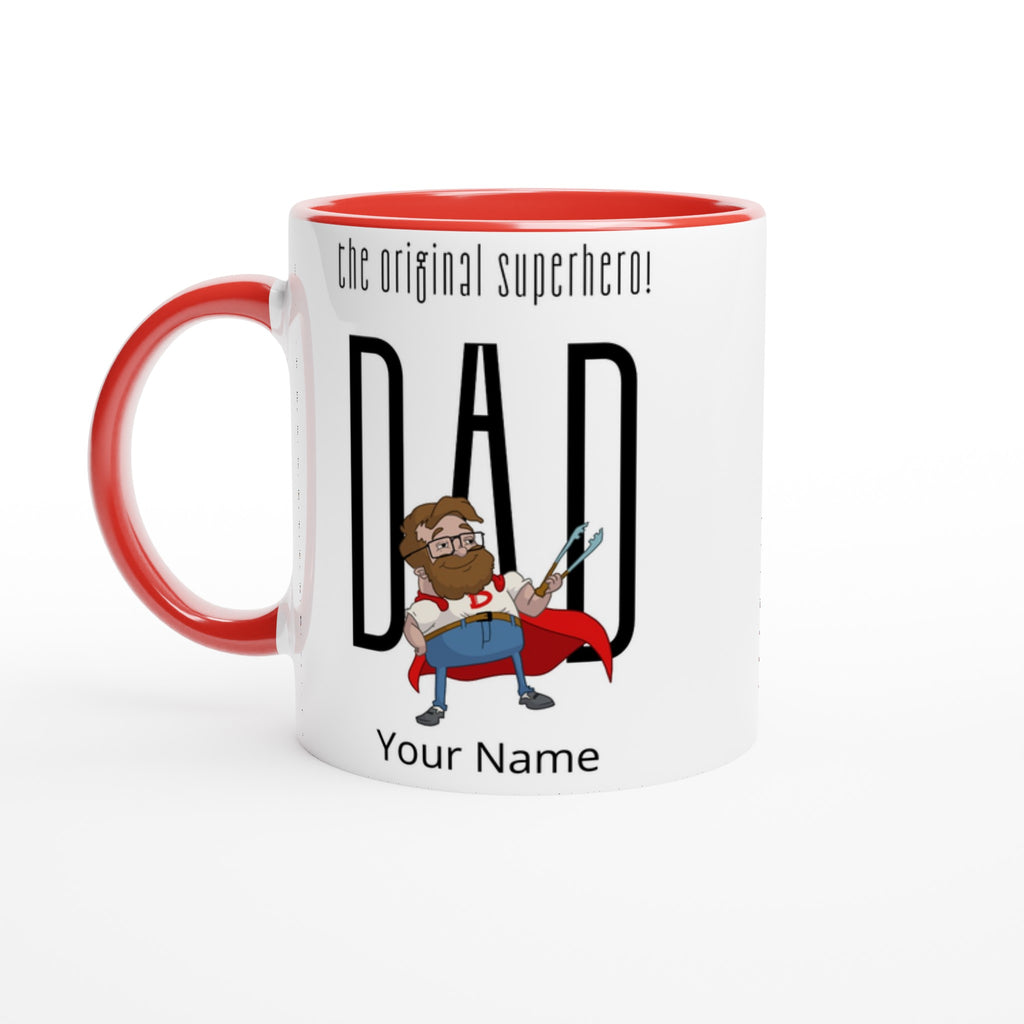 Personalised - Dad, The Original Superhero - White 11oz Ceramic Mug with Colour Inside Ceramic Red Personalised 11oz Mug comic Customise Dad Globally Fulfilled Name Personalise