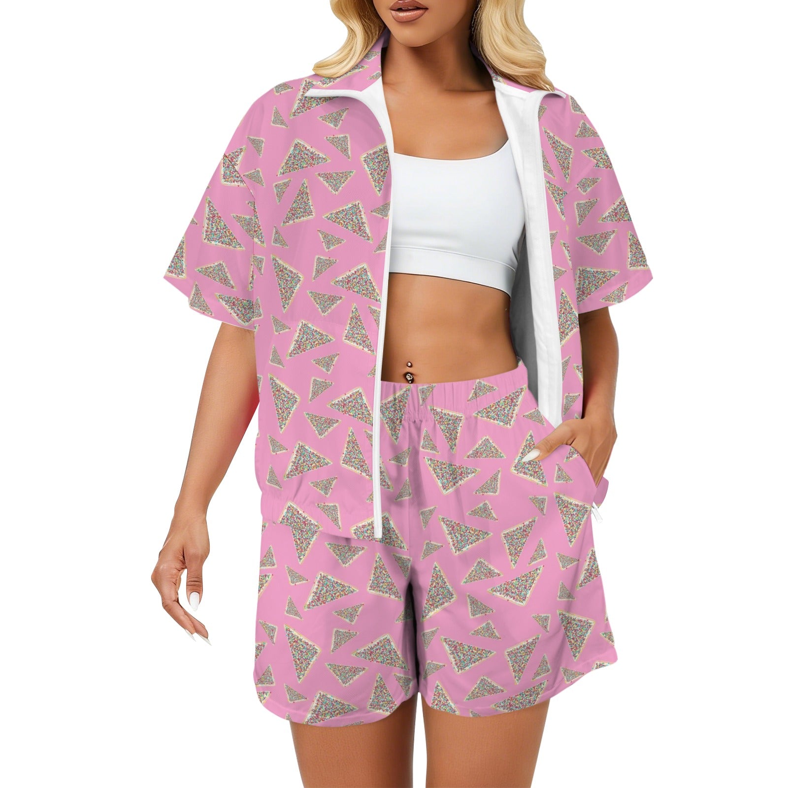 Fairy Bread Pink Women's Windbreaker Short Set 2XL Women's Windbreaker Short Set Food Printed Offshore