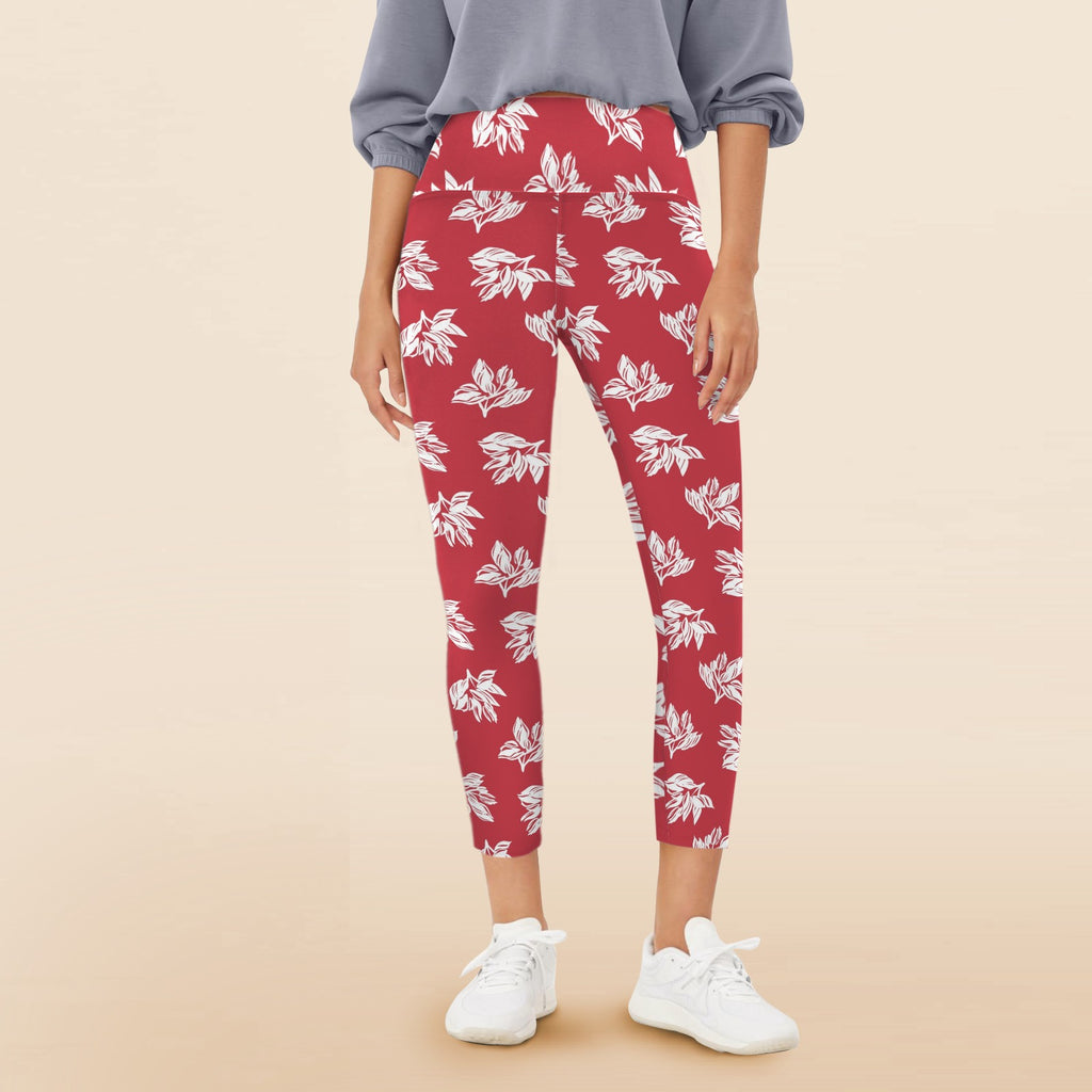 Red Retro Foliage - Women's High Waist Pockets Yoga Leggings