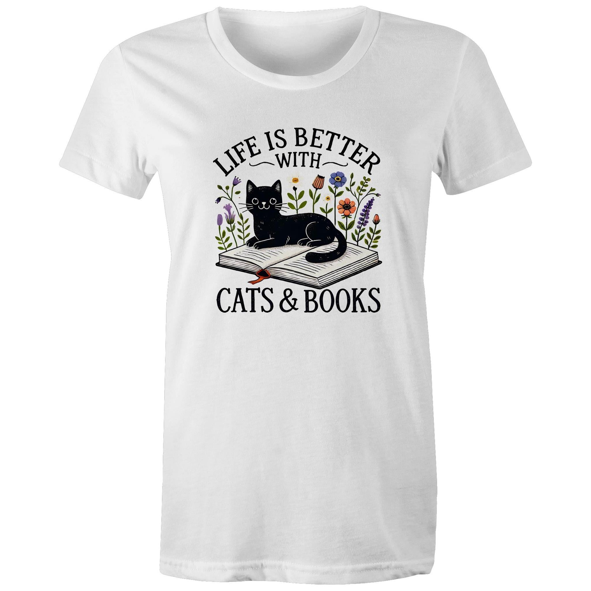 Life Is Better With Cats And Books - Womens T-shirt White Womens T-shirt animal Printed In Australia Reading