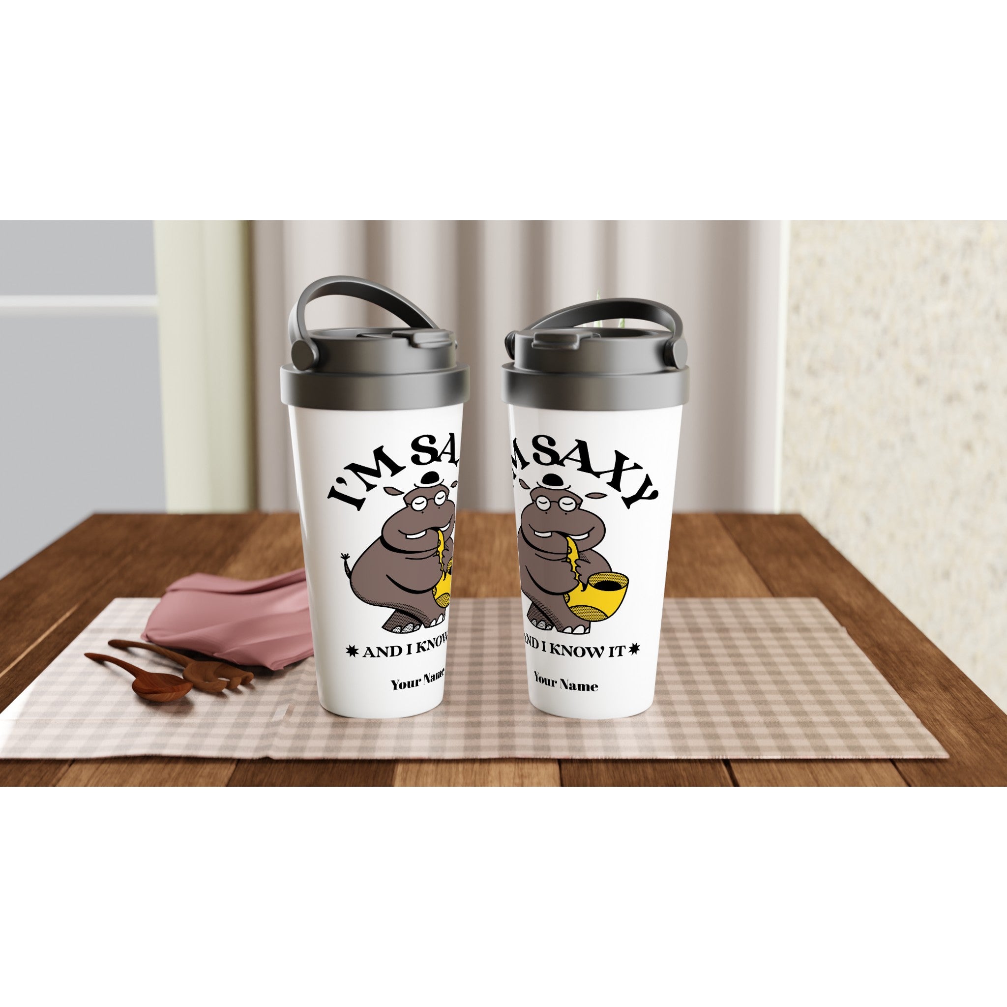 Personalised - I'm Saxy And I Know It - White 15oz Stainless Steel Travel Mug Personalised Travel Mug customise Globally Fulfilled music personalise