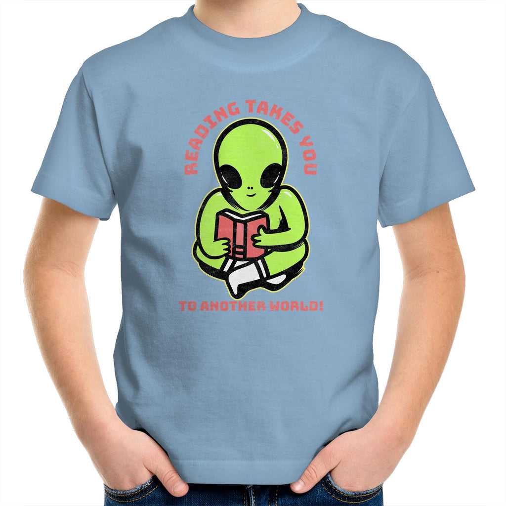 Reading Takes You To Another World, Alien - Kids Youth T-Shirt Carolina Blue Kids Youth T-shirt Printed In Australia Reading Sci Fi