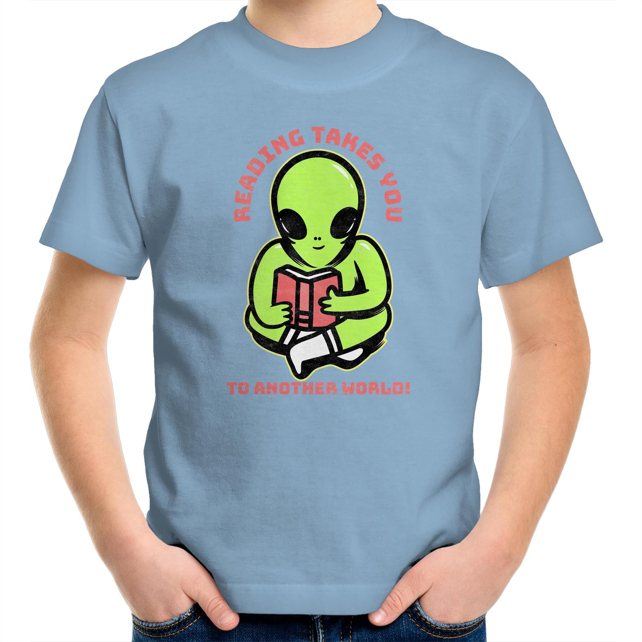 Reading Takes You To Another World, Alien - Kids Youth T-Shirt Carolina Blue Kids Youth T-shirt Printed In Australia Reading Sci Fi