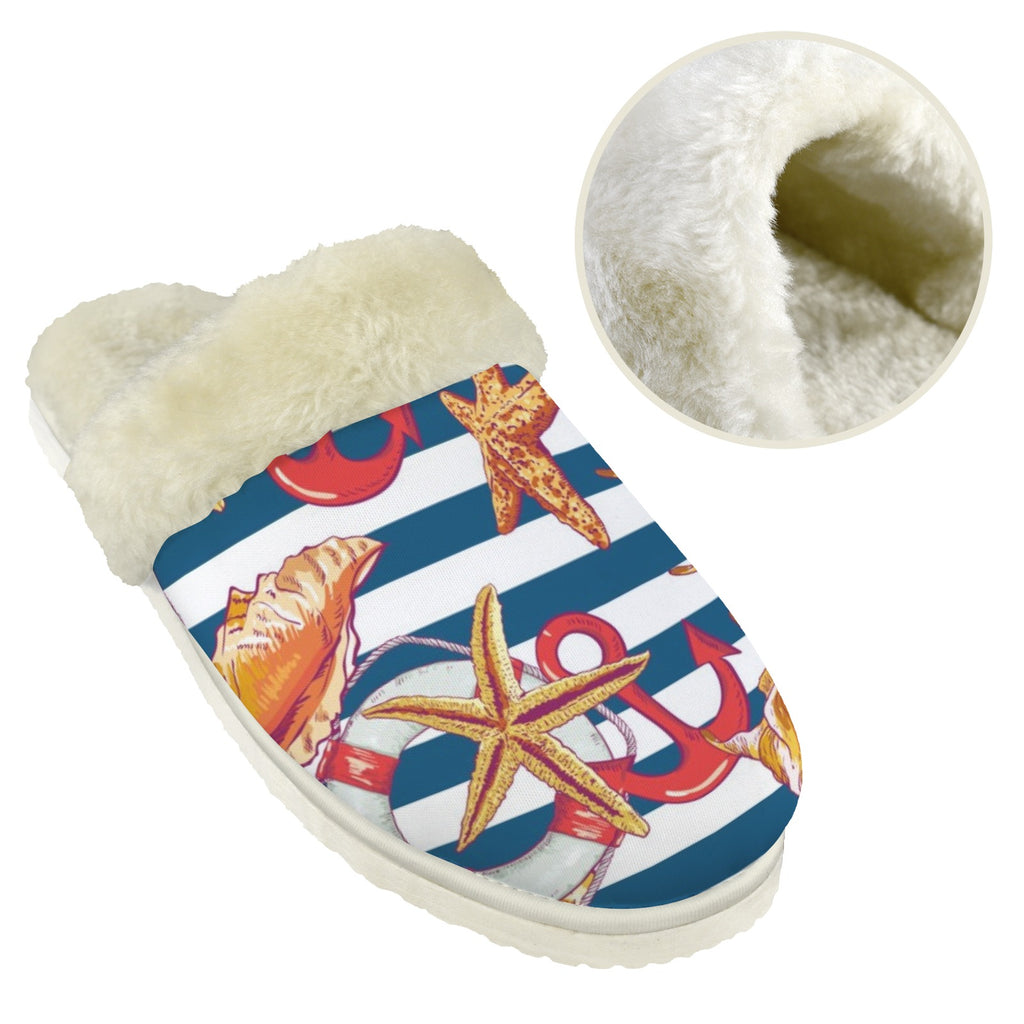 Life At Sea Men's Fur Trim Thick-Sole Indoor Slippers Men's Fur Trimmed Slippers Ocean Printed Offshore