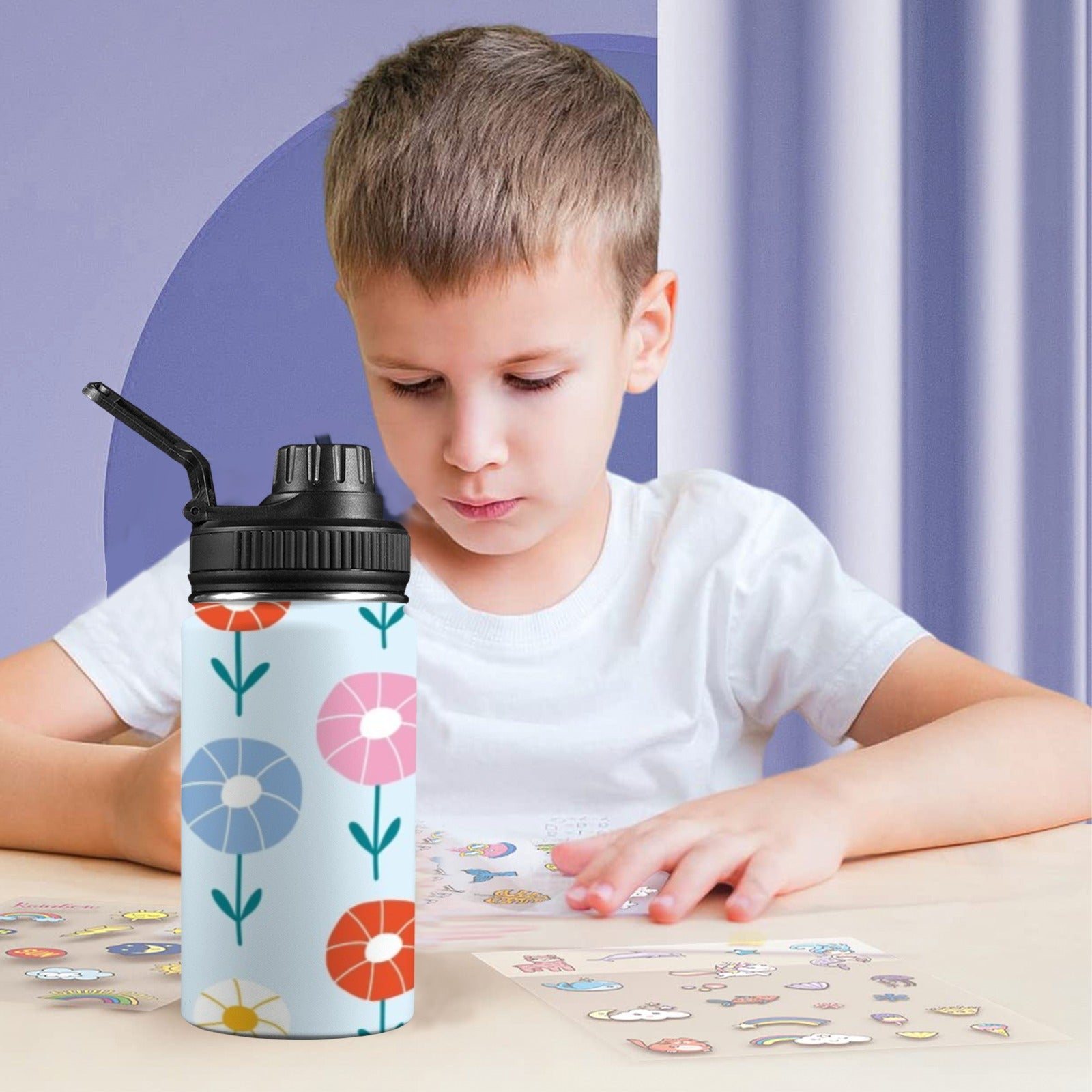 Abstract Cute Flowers Kids Water Bottle with Chug Lid (12 oz) Kids Water Bottle with Chug Lid Plants Printed Offshore