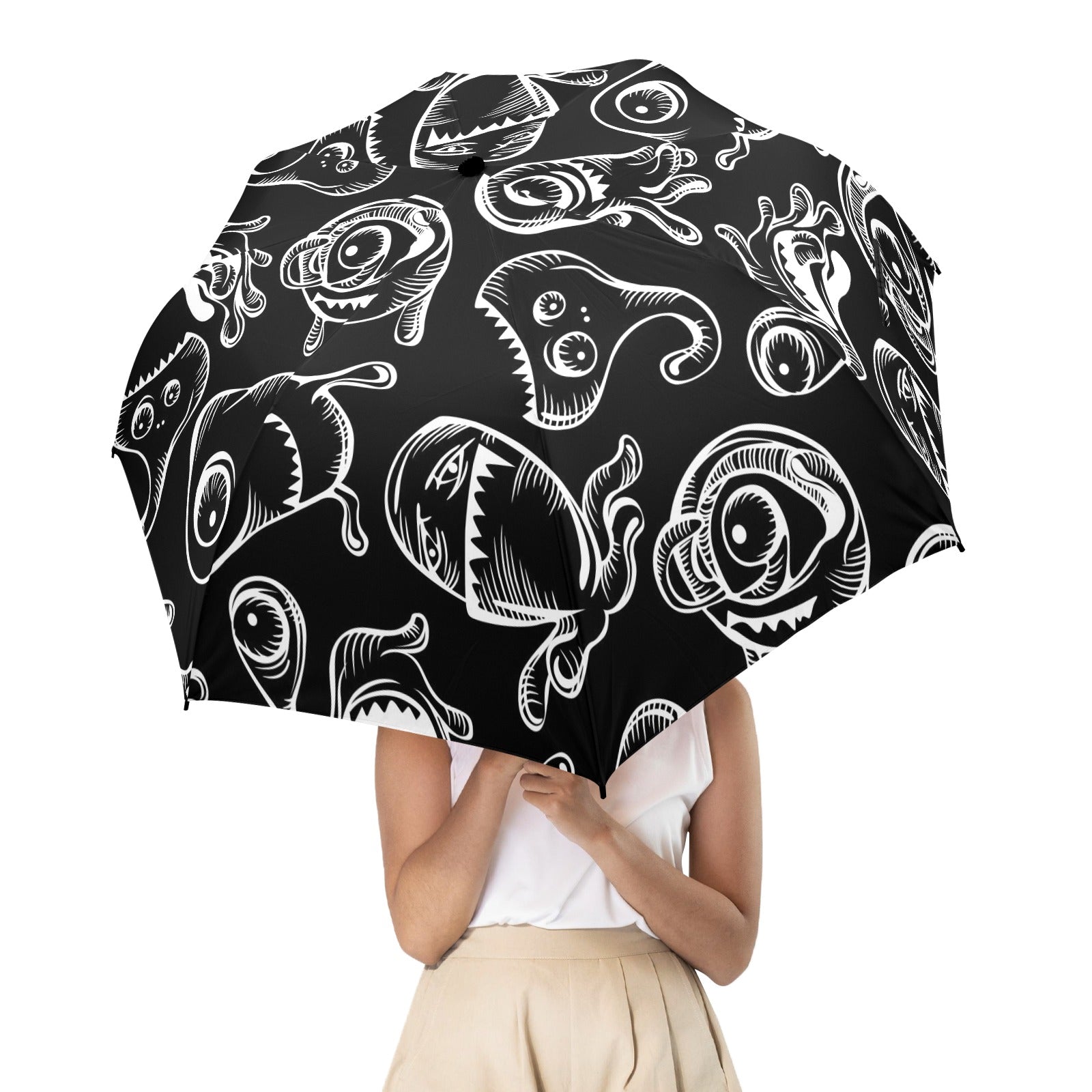 Monsters In Black And White - Semi-Automatic Foldable Umbrella (Model U12) Semi-Automatic Foldable Umbrella (U12)