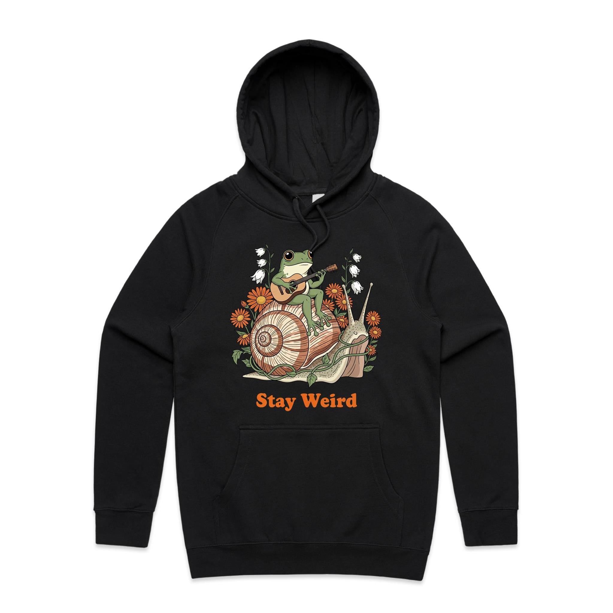 Stay Weird, Guitar Playing Frog On A Snail Men's AS Colour Hoodie Black Mens Hoodie animal Music Printed In Australia