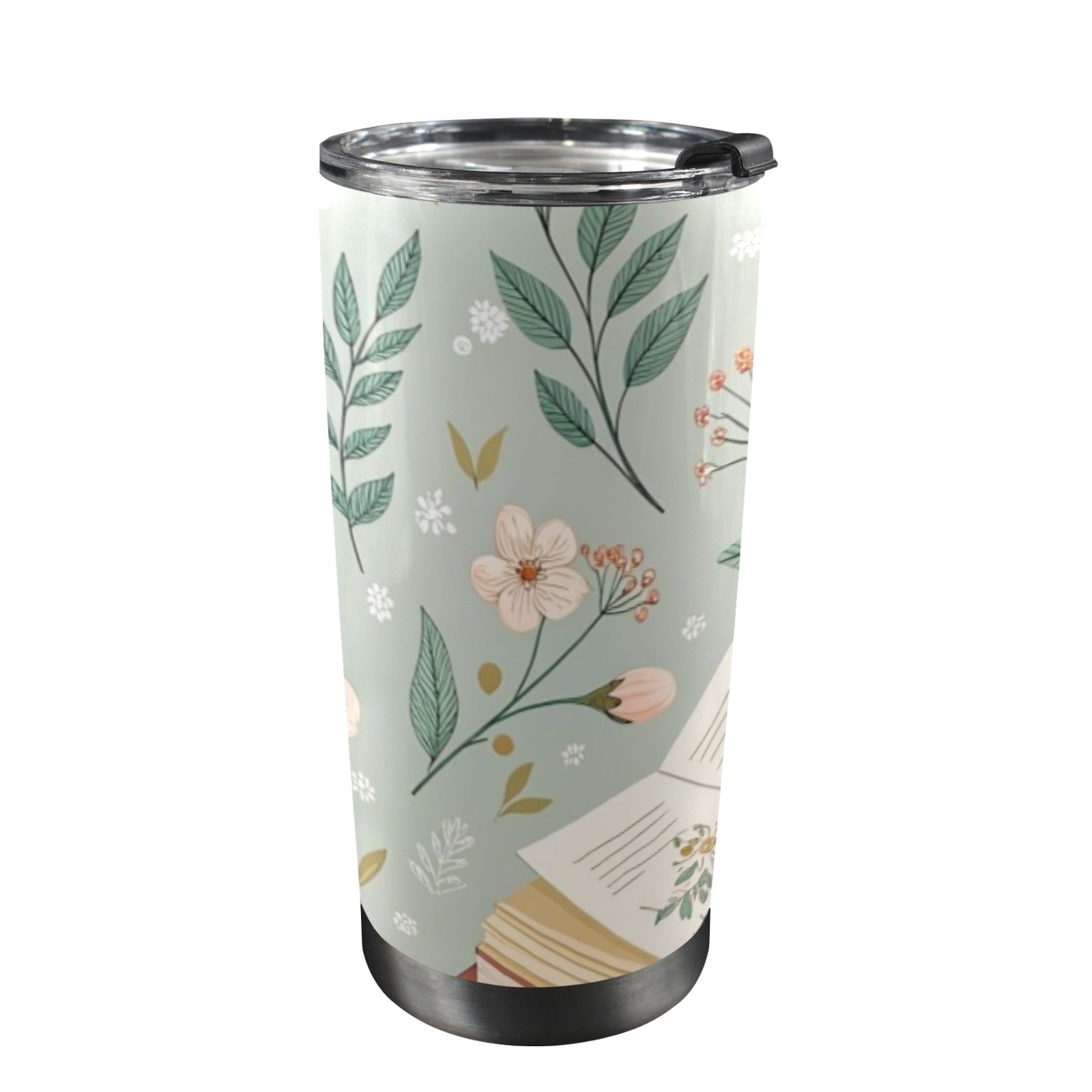 Books And Flowers In Green - 20oz Mobile Tumbler with Lid (Black Lock) One Size 20oz Travel Mug Printed Offshore Reading