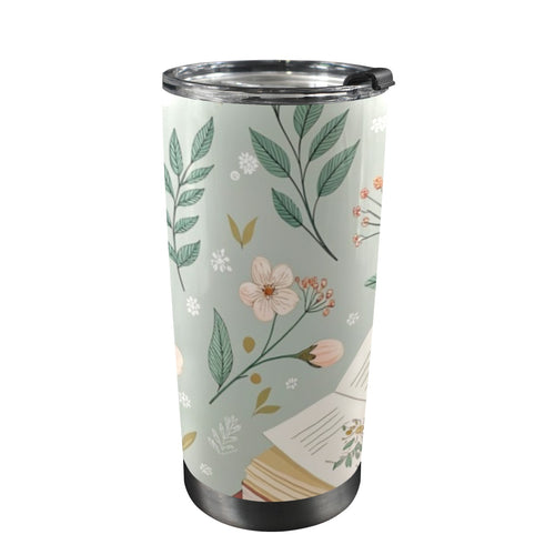 Books And Flowers In Green - 20oz Mobile Tumbler with Lid (Black Lock) One Size 20oz Travel Mug Printed Offshore Reading