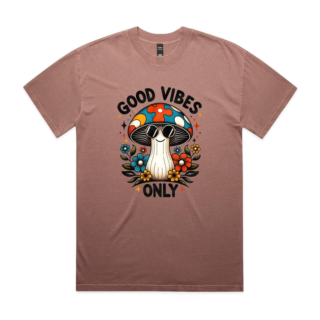 Good Vibes Only, Hippie Mushroom AS Colour Heavy Faded Tee Unisex Faded pink Heavy Faded T-shirt Positivity Printed In Australia
