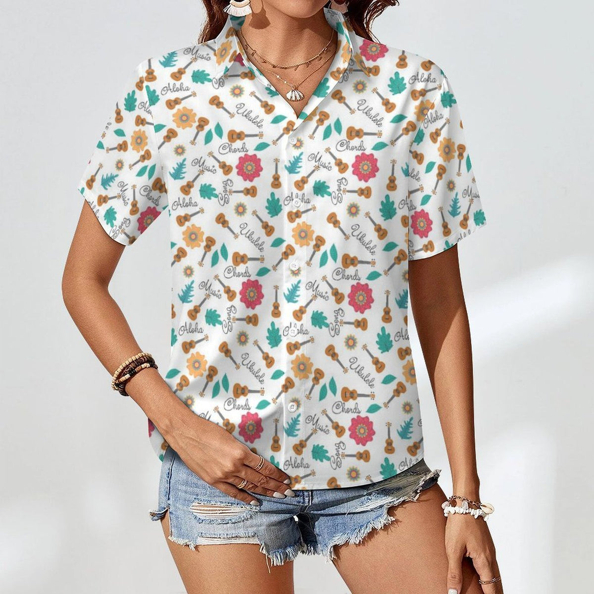 Ukulele Women's Collared Pocketless Short Sleeve Shirt