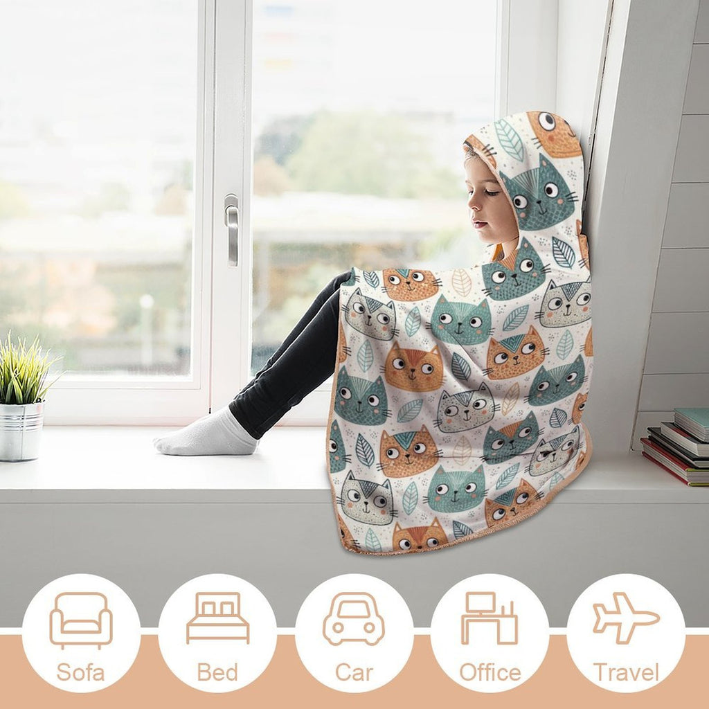 Cute Cat Faces Kids Hooded Blanket 100cm x 130cm Kids Hooded Blanket animal Printed Offshore