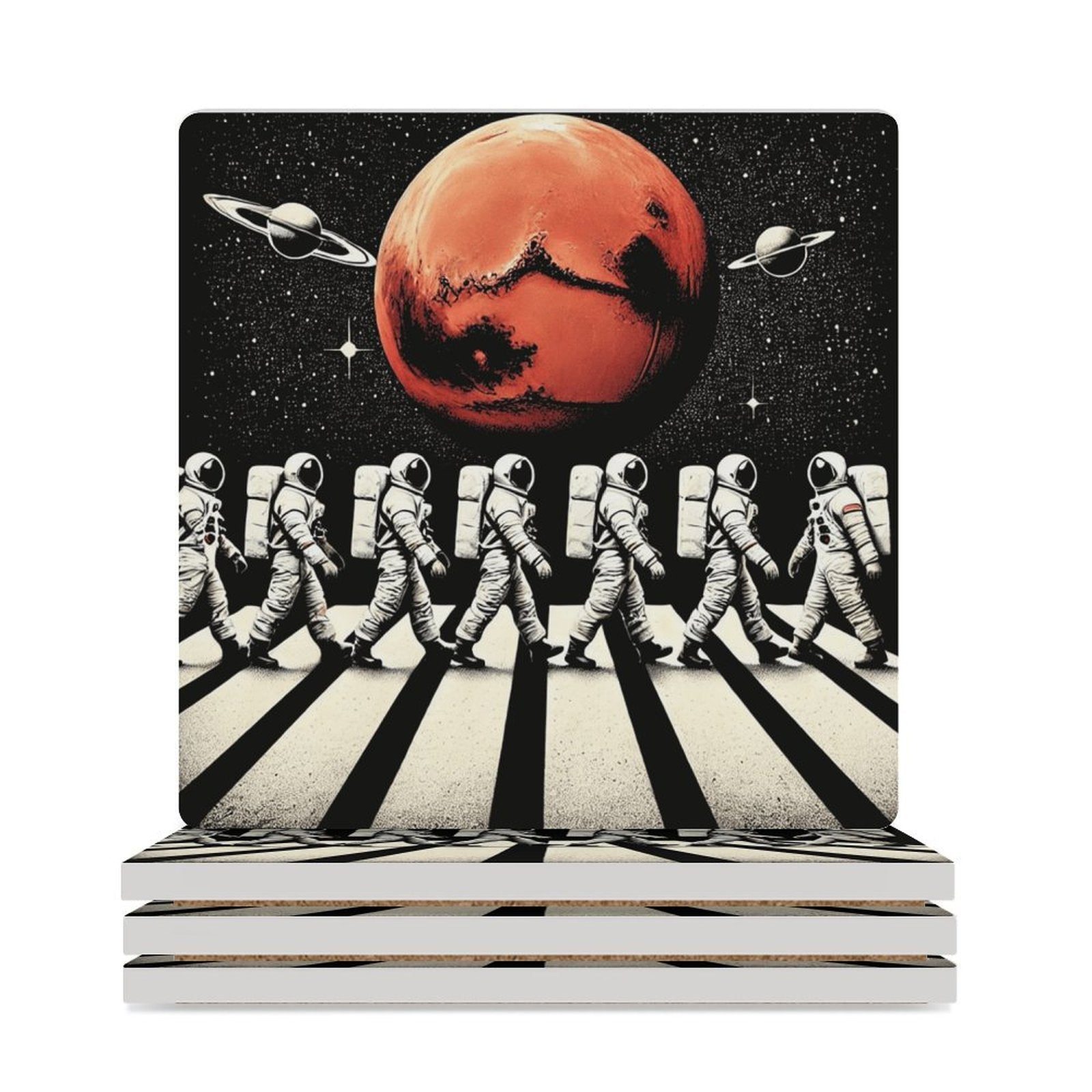 Astronauts Crossing Road - Ceramic Coasters (Square) white Ceramic Coasters Printed Offshore Space