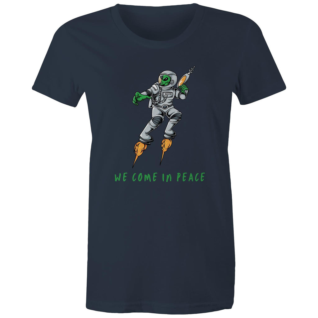 Alien Invasion, We Come In Peace - Womens T-shirt Navy Womens T-shirt Printed In Australia Sci Fi