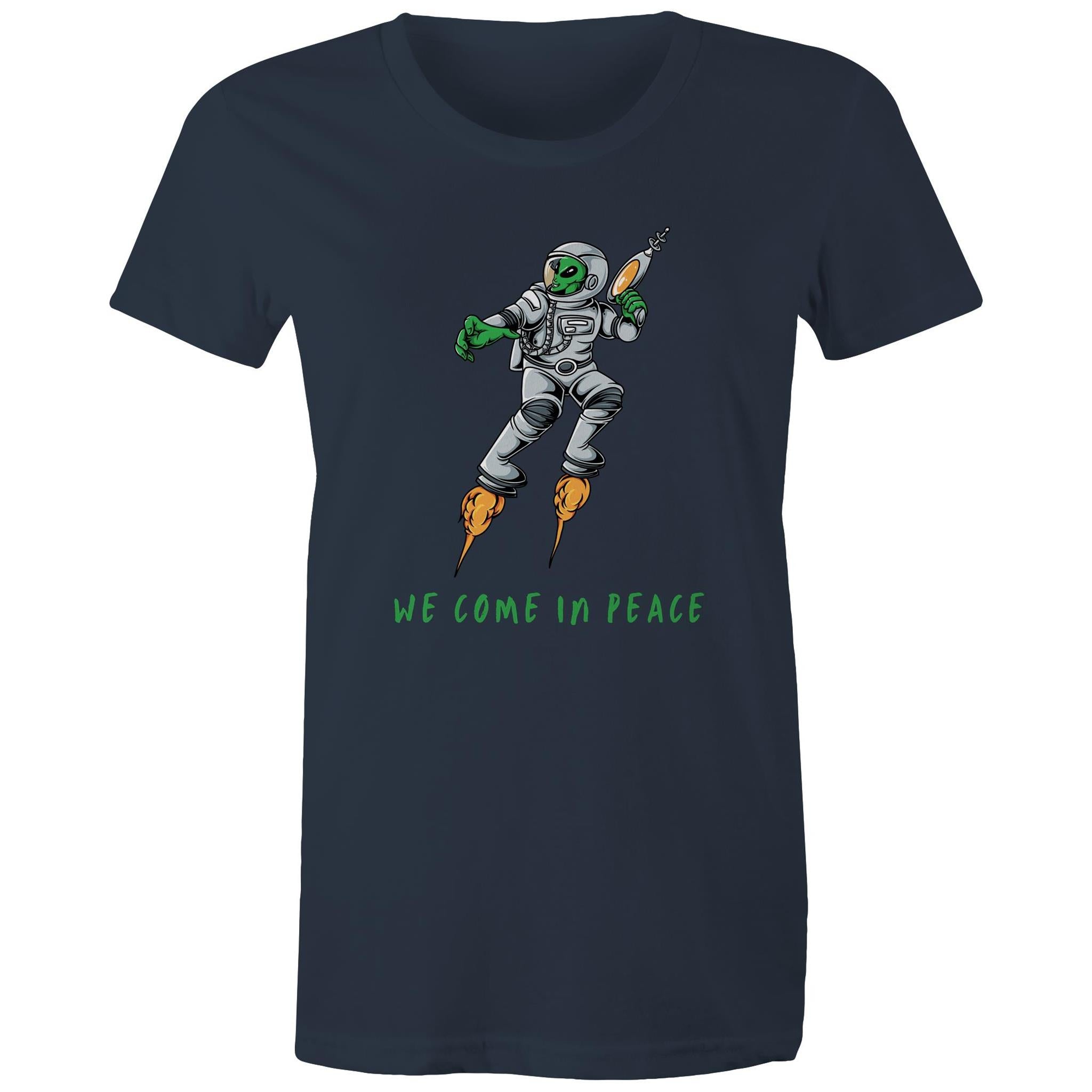 Alien Invasion, We Come In Peace - Womens T-shirt Navy Womens T-shirt Printed In Australia Sci Fi